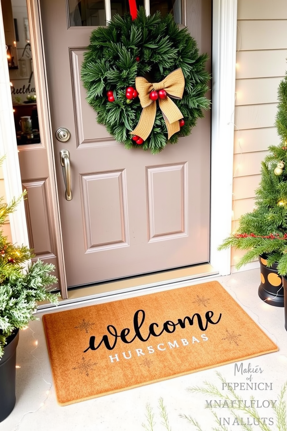 A festive front porch with a Christmas themed door mat that reads welcome. The door is adorned with a lush green wreath decorated with red berries and a large bow, complemented by twinkling fairy lights along the entrance.