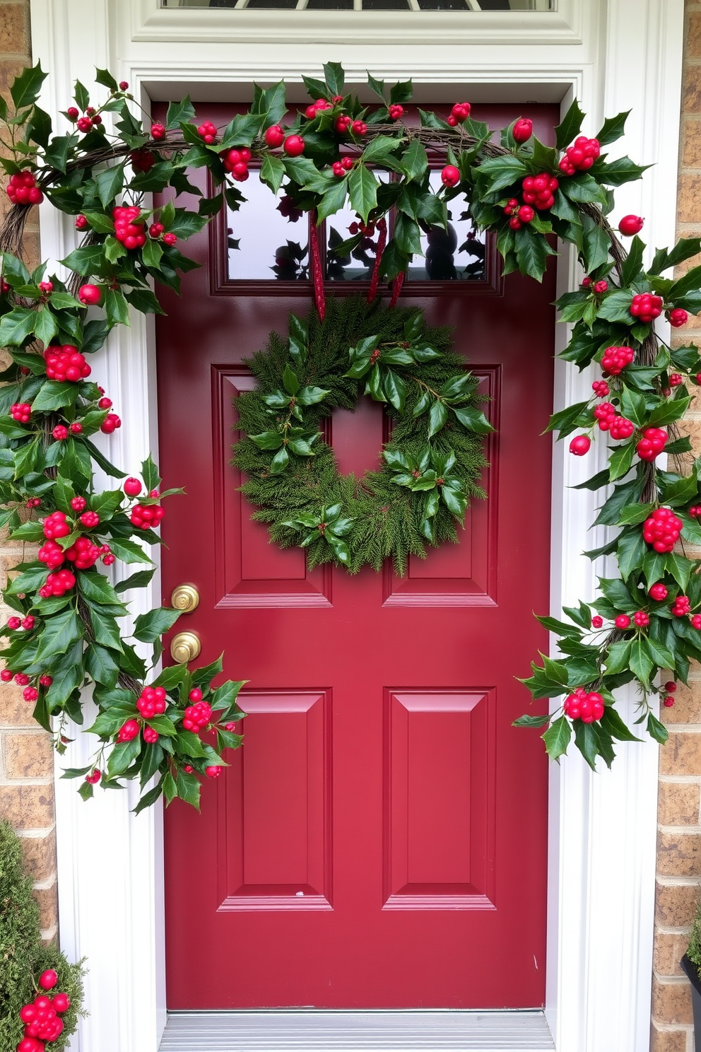 A charming front door adorned with fresh holly branches creating a festive frame. The rich green leaves and bright red berries add a touch of holiday cheer to the entrance, inviting guests into a warm and welcoming home.