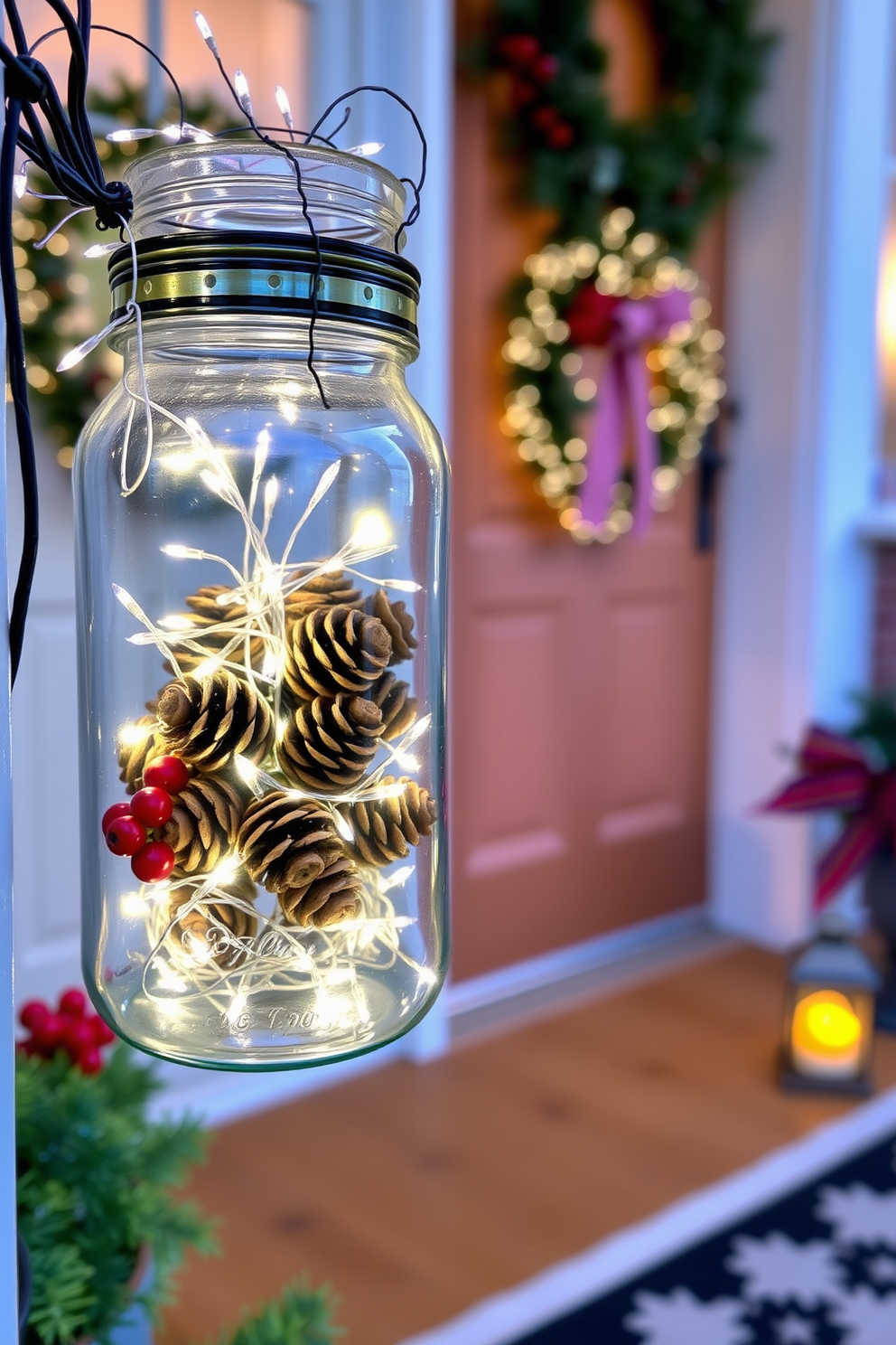 A charming front porch adorned with twinkling fairy lights contained in a glass jar. The front door is decorated with a festive wreath made of pinecones and red berries, creating a warm holiday welcome.