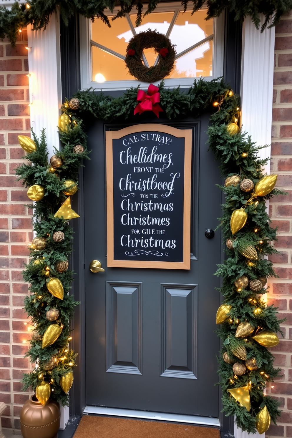 A charming front door adorned with a chalkboard sign displaying festive holiday messages. The door is surrounded by lush greenery and twinkling fairy lights, creating a warm and inviting atmosphere.