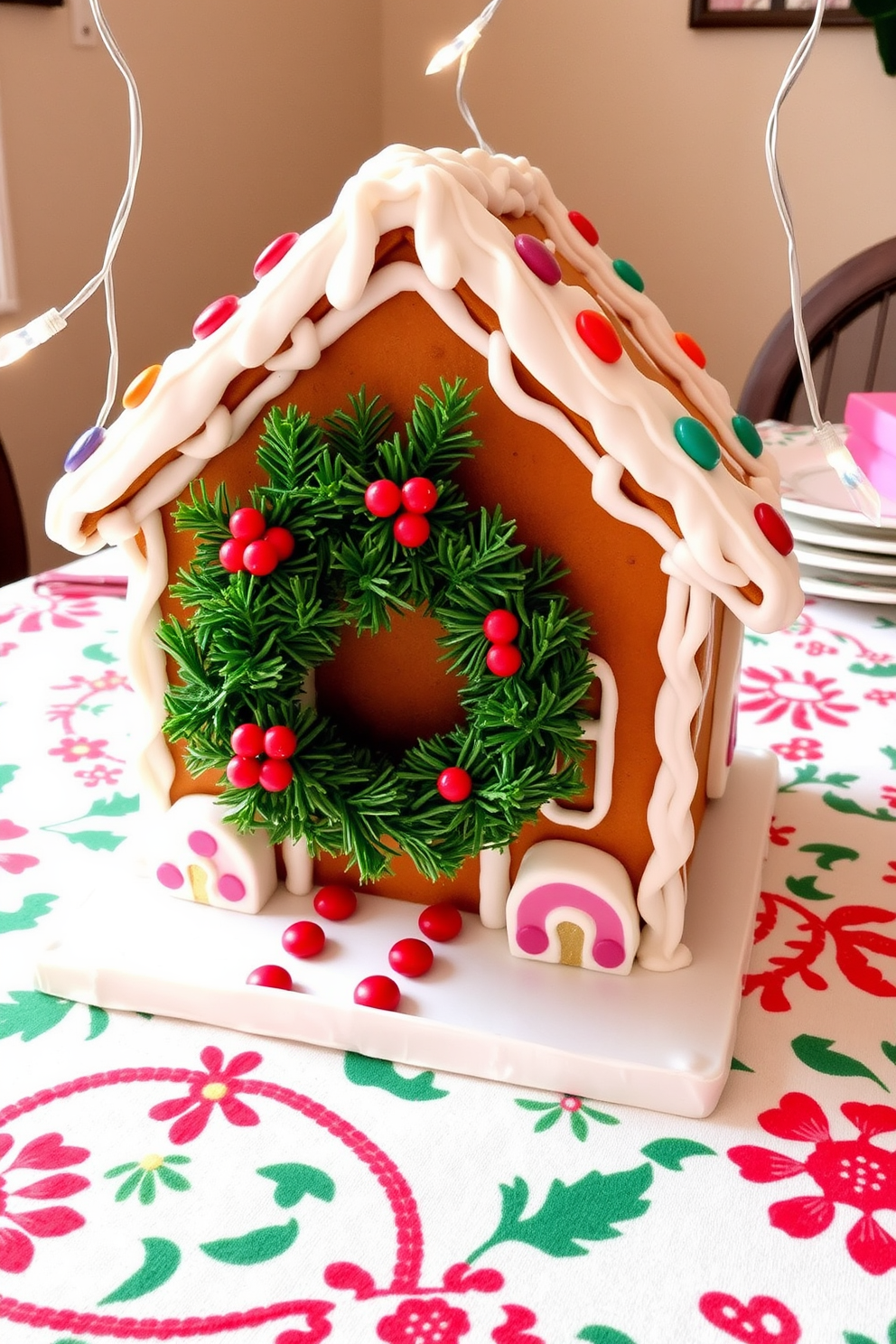 A charming gingerbread house sits on a festive table adorned with colorful icing and candy decorations. The house features intricate details like gumdrop pathways and a snow-covered roof, creating a delightful holiday centerpiece. The front door is beautifully decorated with a lush green wreath made of pine branches and bright red berries. Twinkling string lights frame the door, enhancing the warm and inviting atmosphere of the Christmas season.