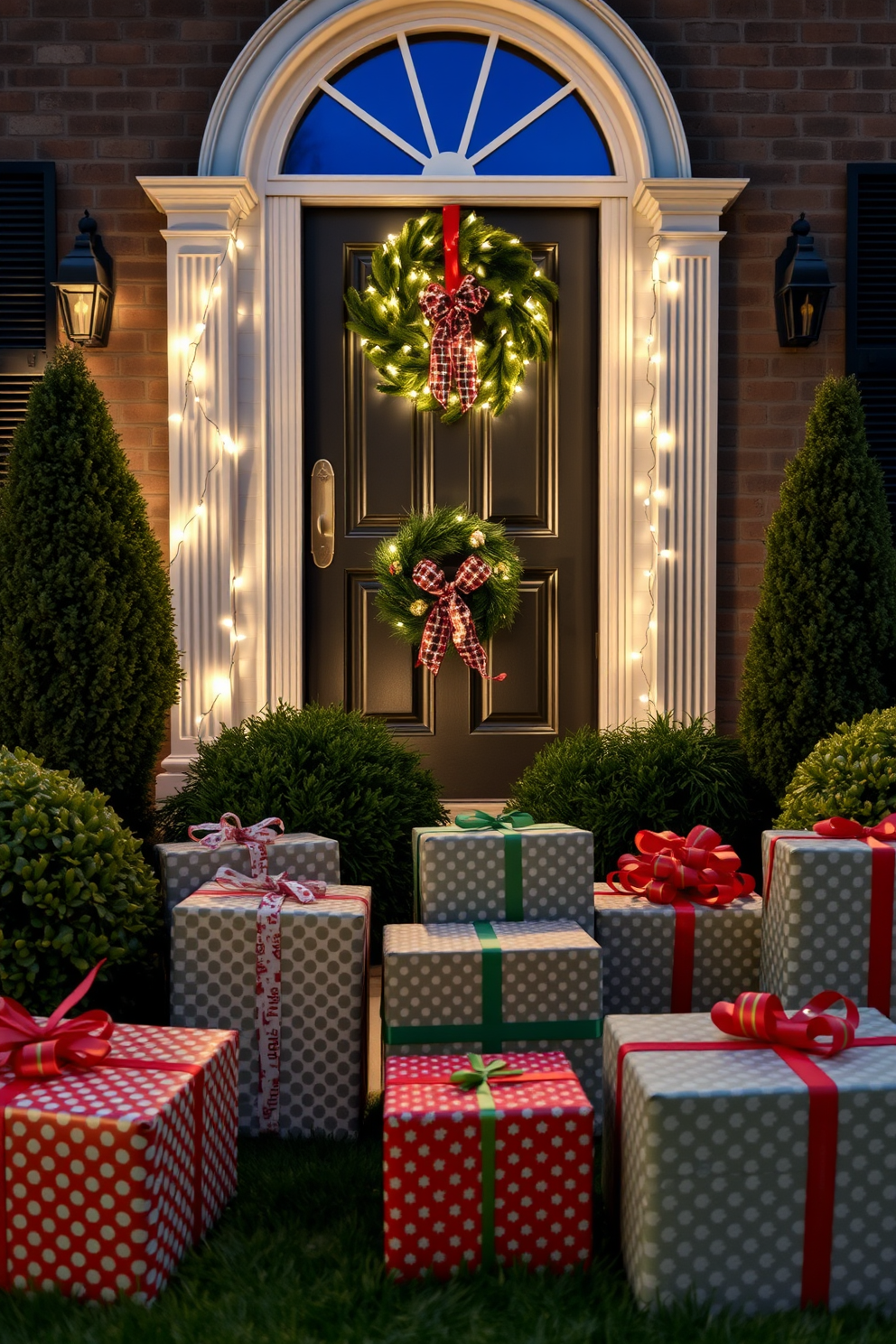 Wrapped gift boxes in a beautifully landscaped front yard. The front door is adorned with a festive wreath and twinkling fairy lights, creating a warm and inviting holiday atmosphere.