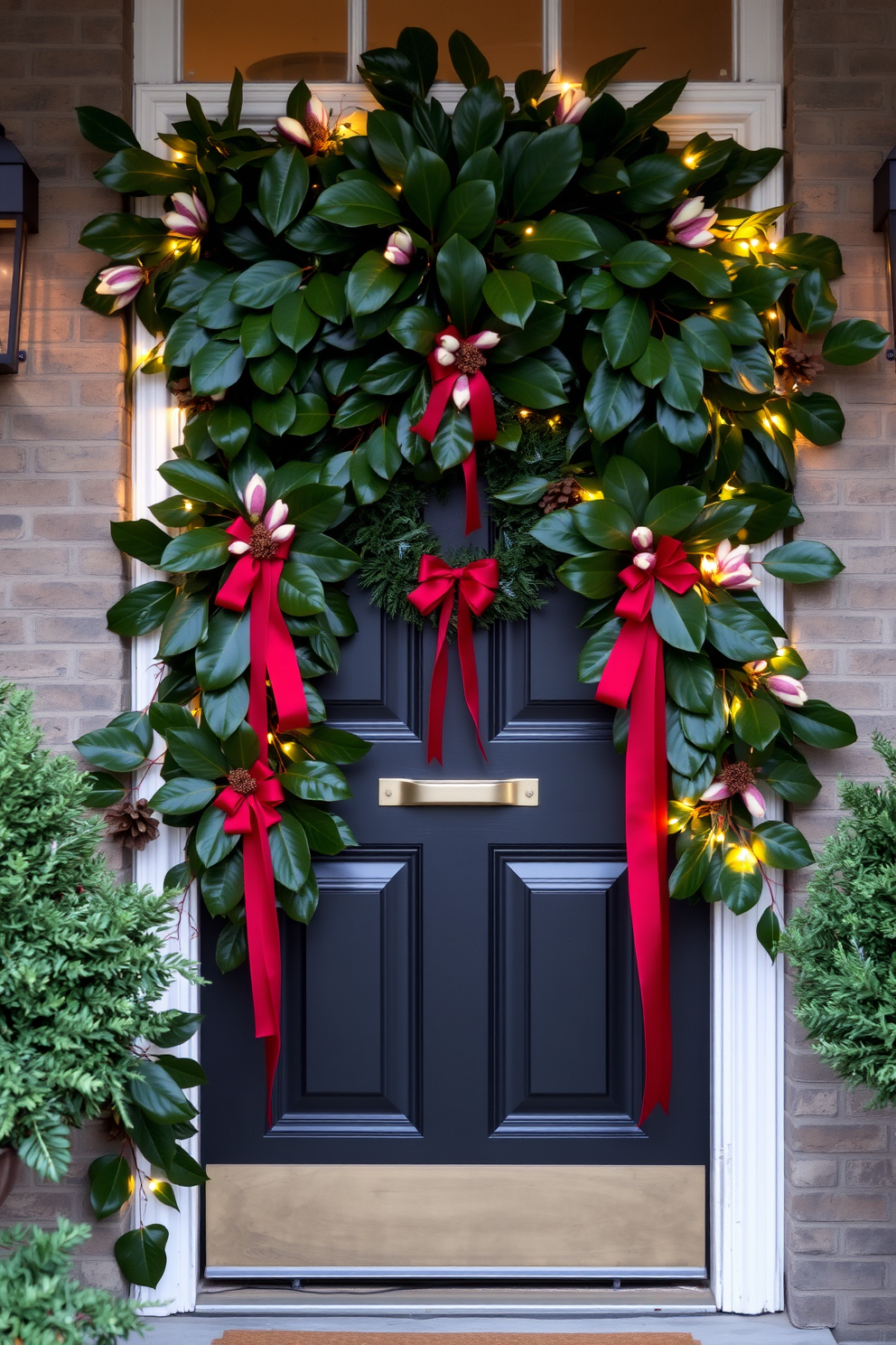 A charming front door adorned with lush magnolia leaves creates a classic and inviting holiday entrance. The greenery is complemented by elegant red ribbons and twinkling fairy lights, enhancing the festive atmosphere.