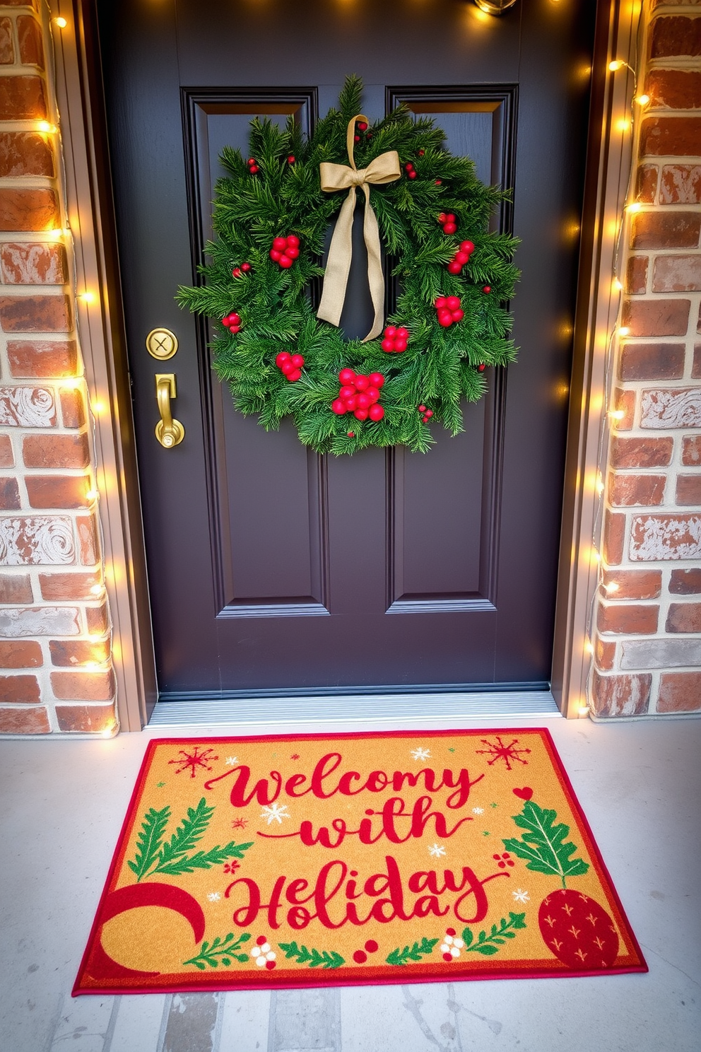 A seasonal doormat with a festive design welcomes guests at the front door. The doormat features vibrant colors and holiday-themed graphics that enhance the Christmas spirit. The front door is adorned with a beautiful wreath made of evergreen branches and red berries. String lights outline the doorframe, creating a warm and inviting atmosphere for the holiday season.