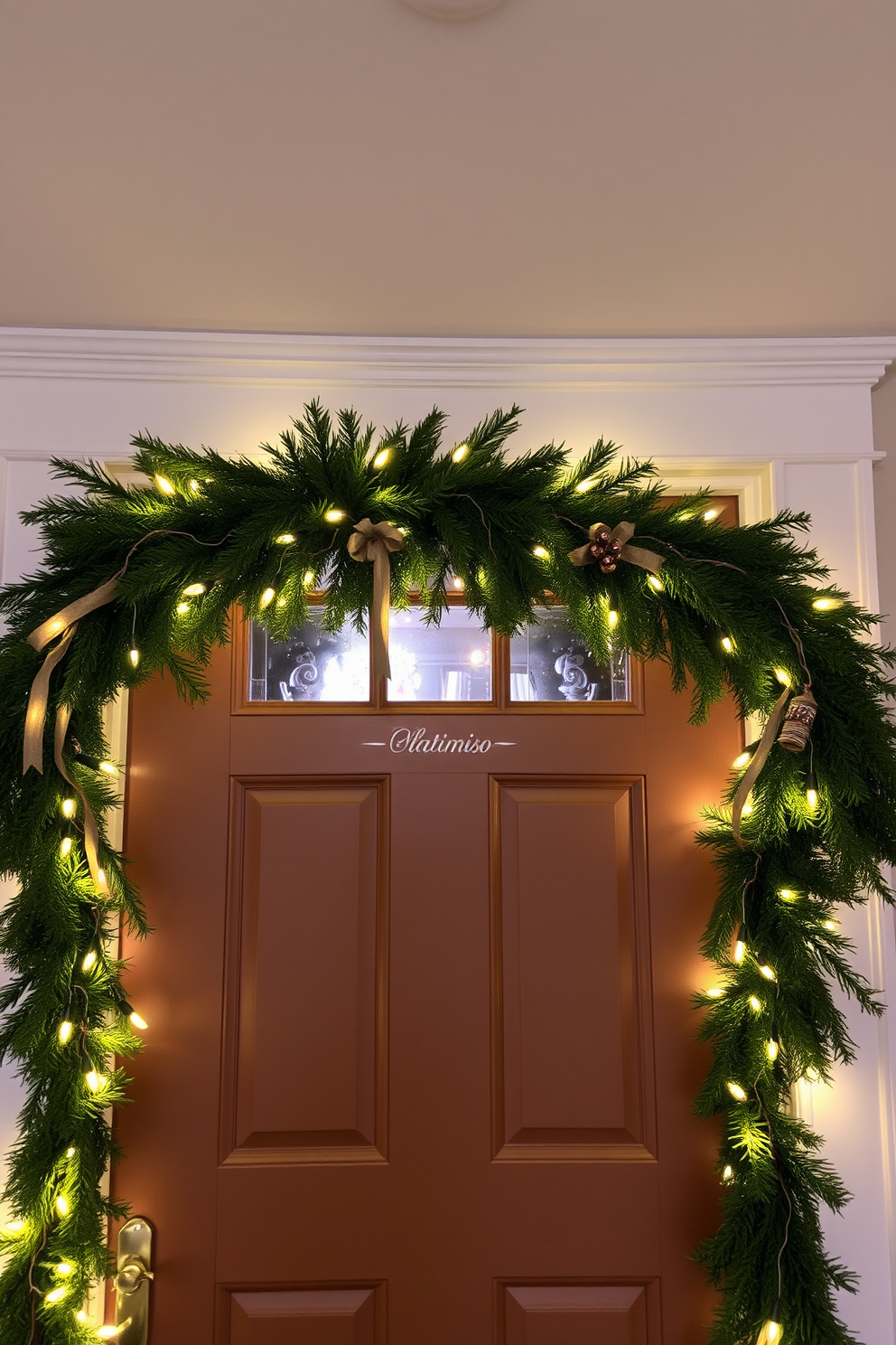 A charming front door adorned with a fresh evergreen garland intertwined with twinkling lights. The garland gracefully drapes across the top of the door frame, creating a warm and inviting holiday atmosphere.