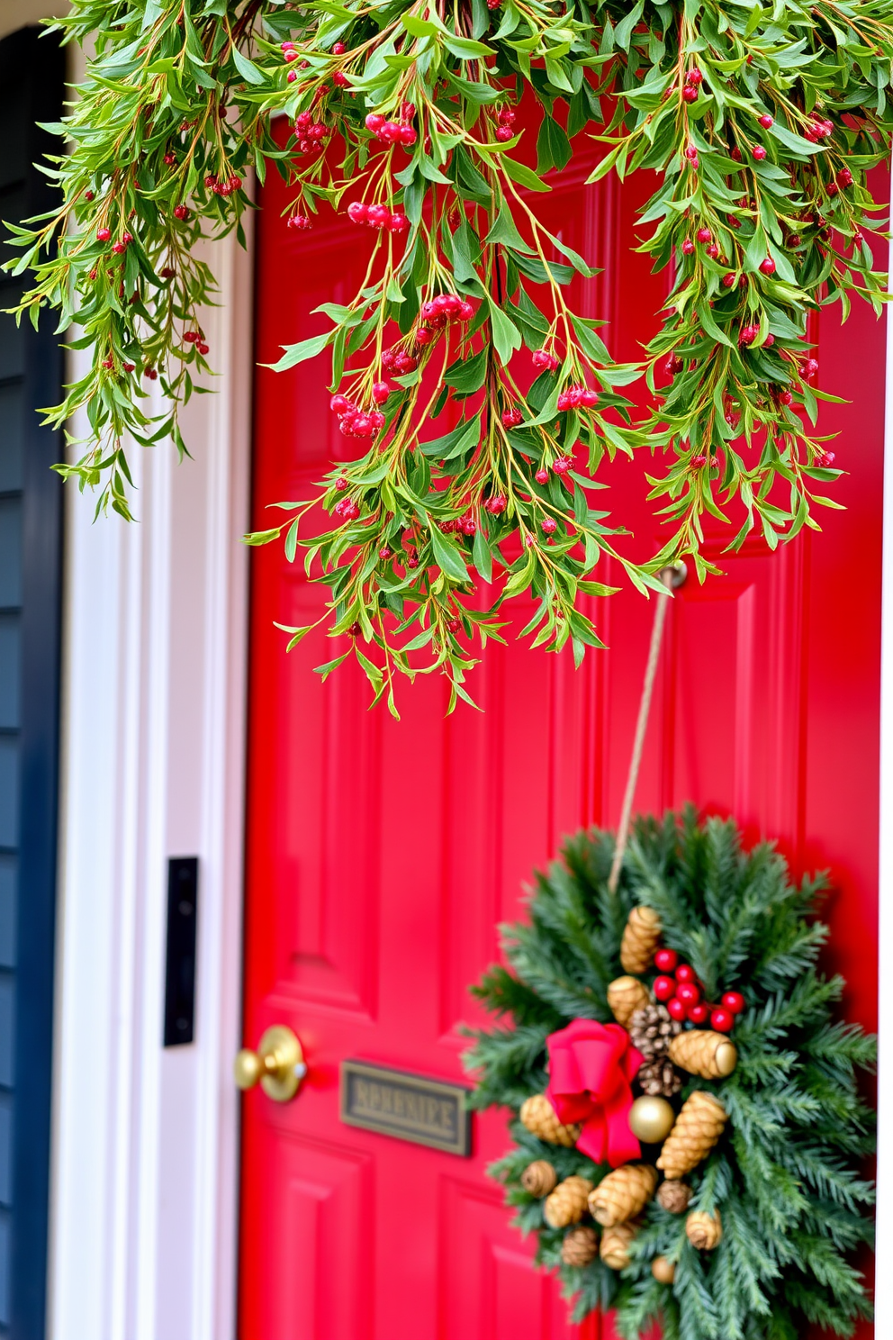 A warm and inviting front door adorned with fresh mistletoe hanging gracefully above. The door is painted a rich red, complemented by a festive wreath made of pinecones and berries, adding a touch of holiday cheer.