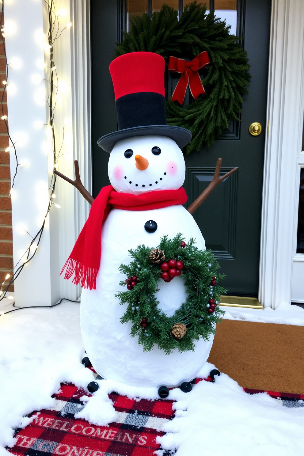 A whimsical snowman stands proudly in the front yard, adorned with a bright red scarf and a classic top hat. Surrounding the snowman, twinkling fairy lights create a magical winter atmosphere. The front door is elegantly decorated with a lush green wreath, embellished with pinecones and red berries. A festive welcome mat lies beneath, inviting guests into a warm and cheerful holiday home.