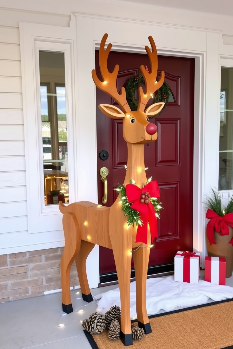 A charming entryway features a beautifully crafted wooden reindeer standing beside the front door. The reindeer is adorned with a festive red bow, surrounded by twinkling fairy lights and a collection of pinecones.