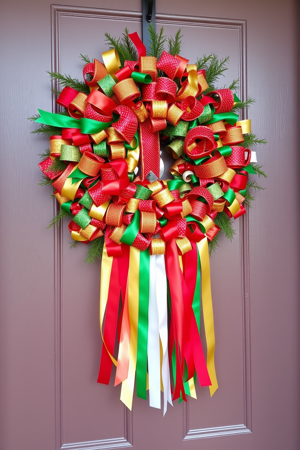 A vibrant wreath adorned with colorful ribbons in shades of red, green, and gold hangs on the front door. The ribbons cascade elegantly down, creating a festive and inviting atmosphere for the holiday season.