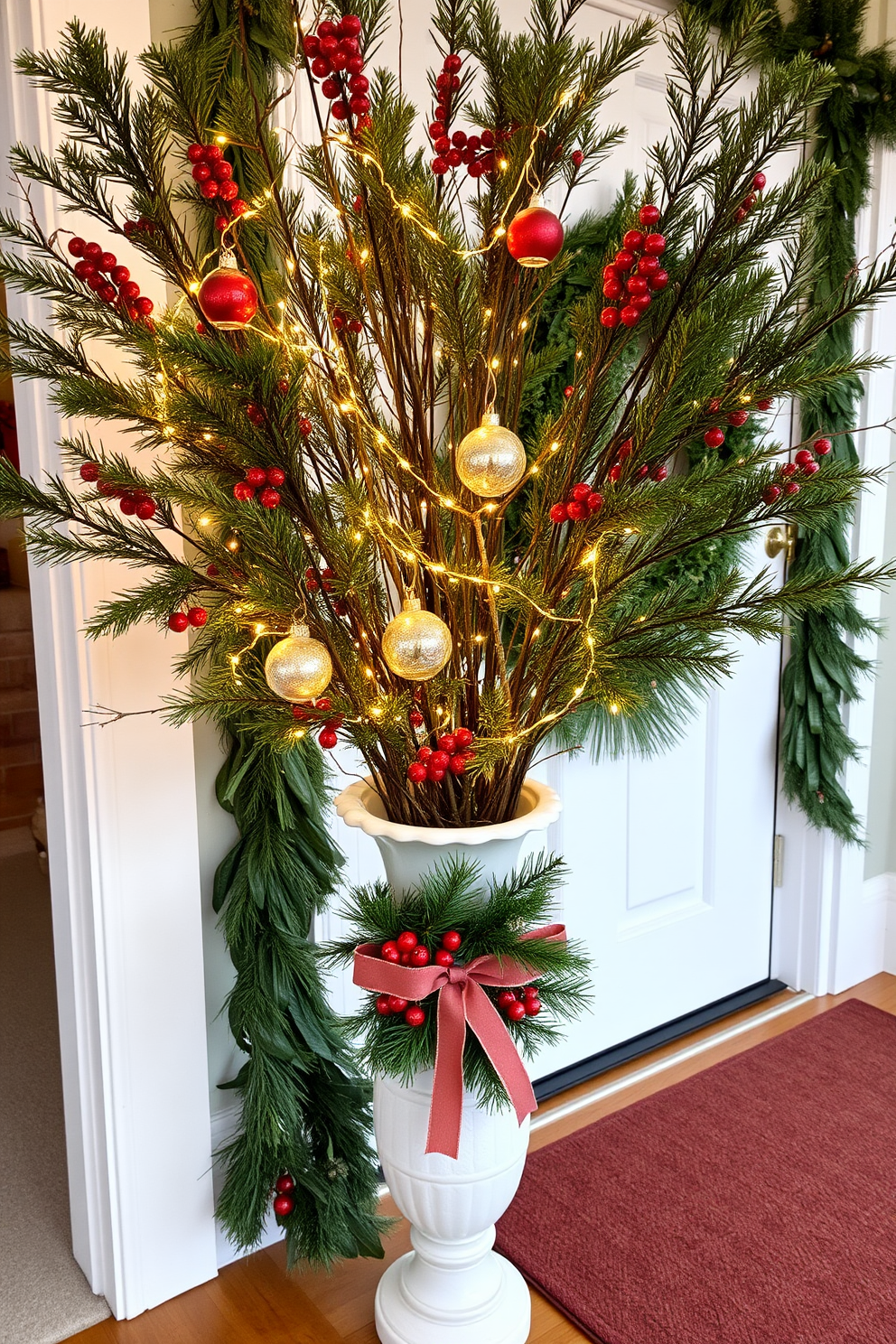 A beautifully arranged vase filled with lush Christmas tree branches creates a festive focal point. The branches are adorned with twinkling fairy lights and delicate ornaments, adding warmth and charm to the entryway. The front door is decorated with a stunning wreath made of evergreen boughs and vibrant red berries. Complementing the wreath, a matching garland drapes elegantly around the door frame, inviting guests into a holiday wonderland.