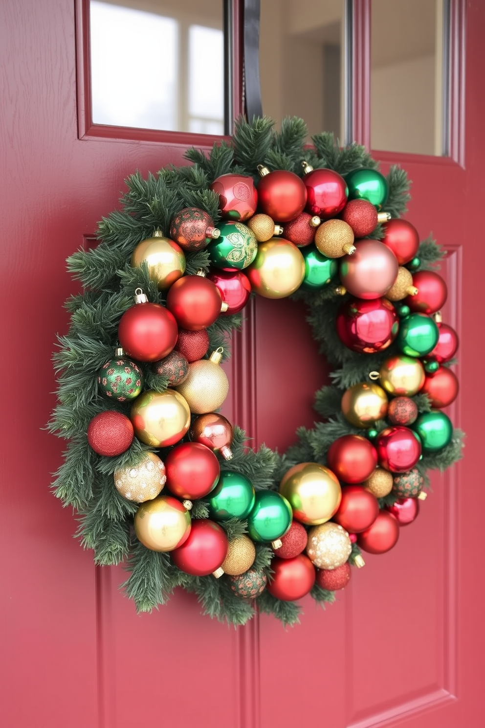 A vibrant wreath adorned with an assortment of colorful baubles hangs on a classic front door. The wreath features a mix of shiny red, green, and gold ornaments, creating a festive and inviting entrance for the holiday season.