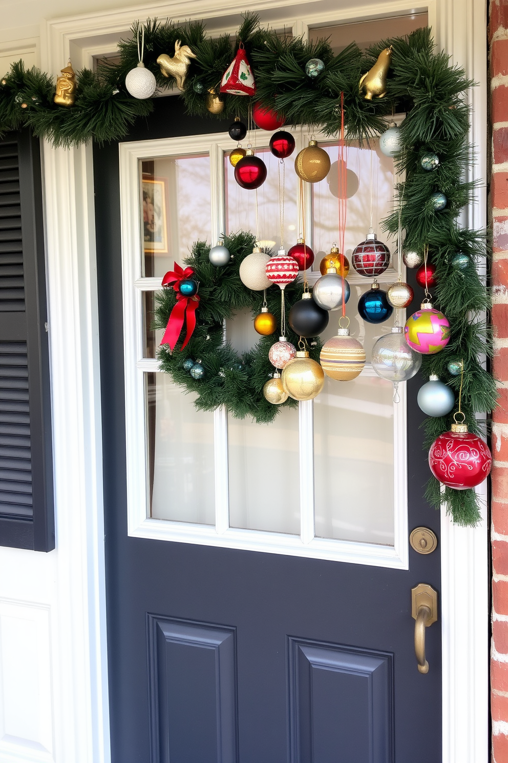 A charming front door adorned with hanging vintage ornaments creates a festive welcome. The ornaments are an array of colors and shapes, reflecting the warmth of the holiday season.