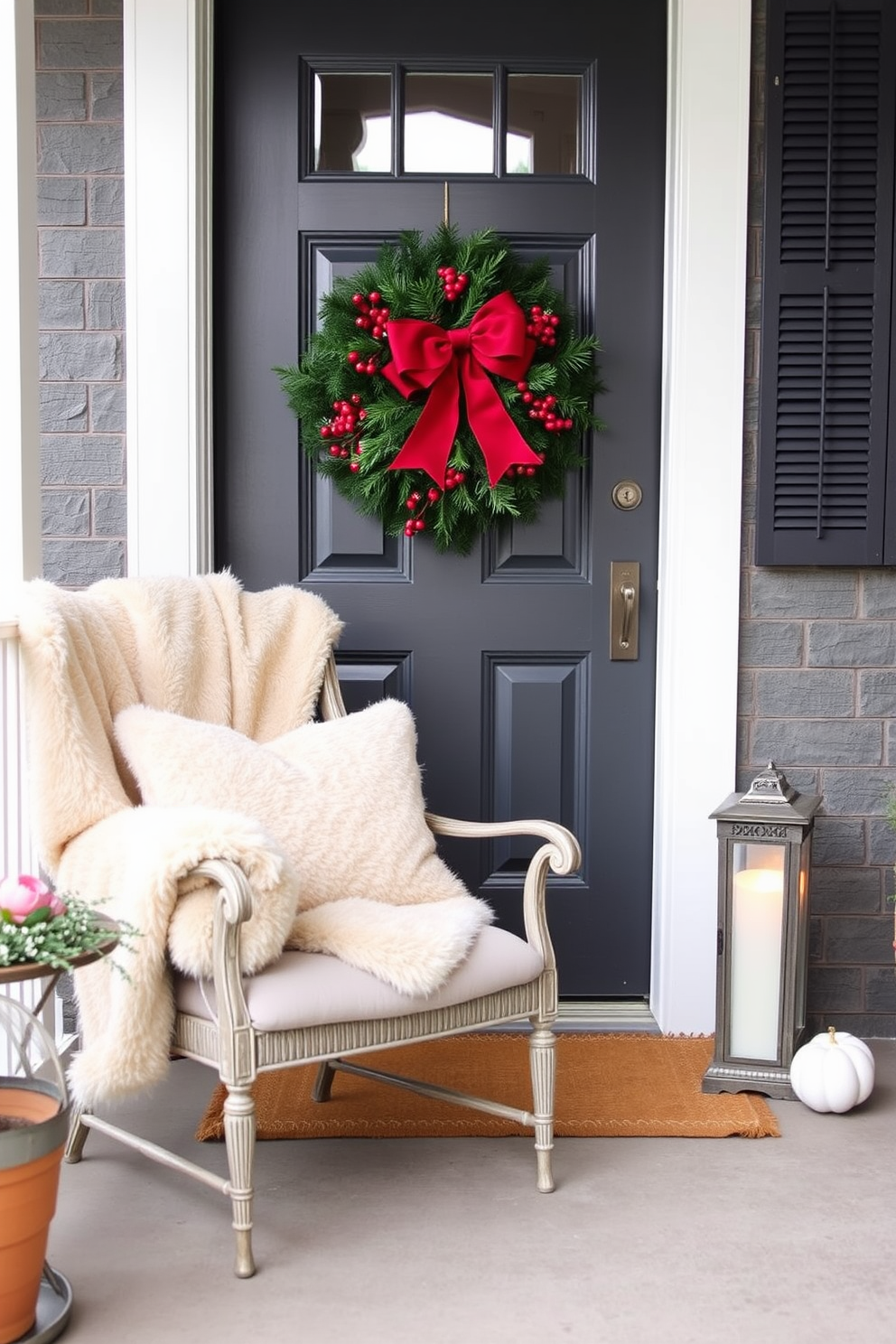 A cozy porch setting featuring a comfortable chair draped with a soft faux fur throw. The front door is elegantly decorated for Christmas with a lush evergreen wreath adorned with red berries and a large bow.