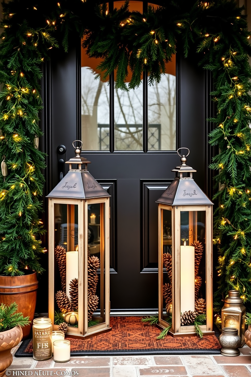 A charming front entryway adorned with rustic lanterns filled with pinecones. The lanterns are placed on either side of the door, surrounded by evergreen garlands and twinkling fairy lights.