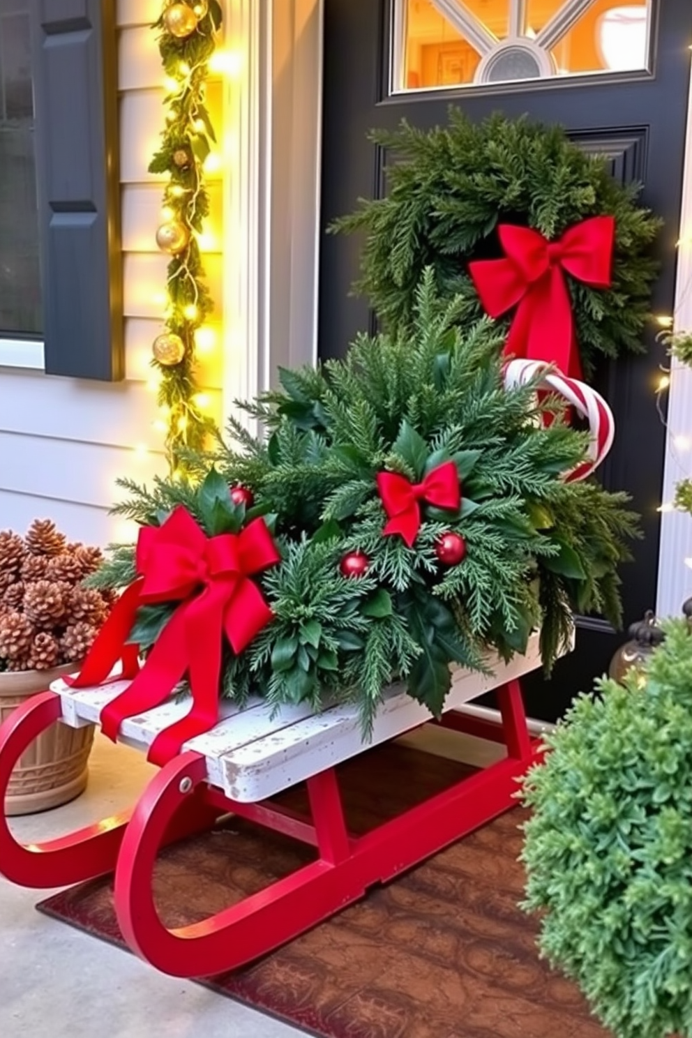 A decorative sled is positioned at the front door, adorned with lush holiday greenery and vibrant red bows. The sled is complemented by twinkling fairy lights that enhance the festive atmosphere, inviting guests into a warm and cheerful home.