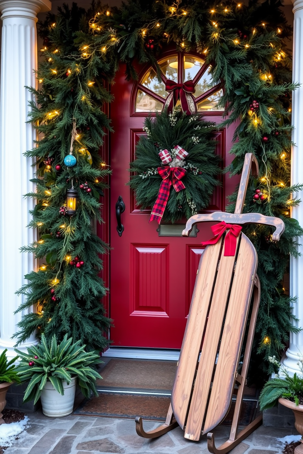 A vintage sled is propped against a charming front door adorned with festive decorations. The door is painted a deep red, surrounded by lush greenery and twinkling lights that create a warm holiday atmosphere.