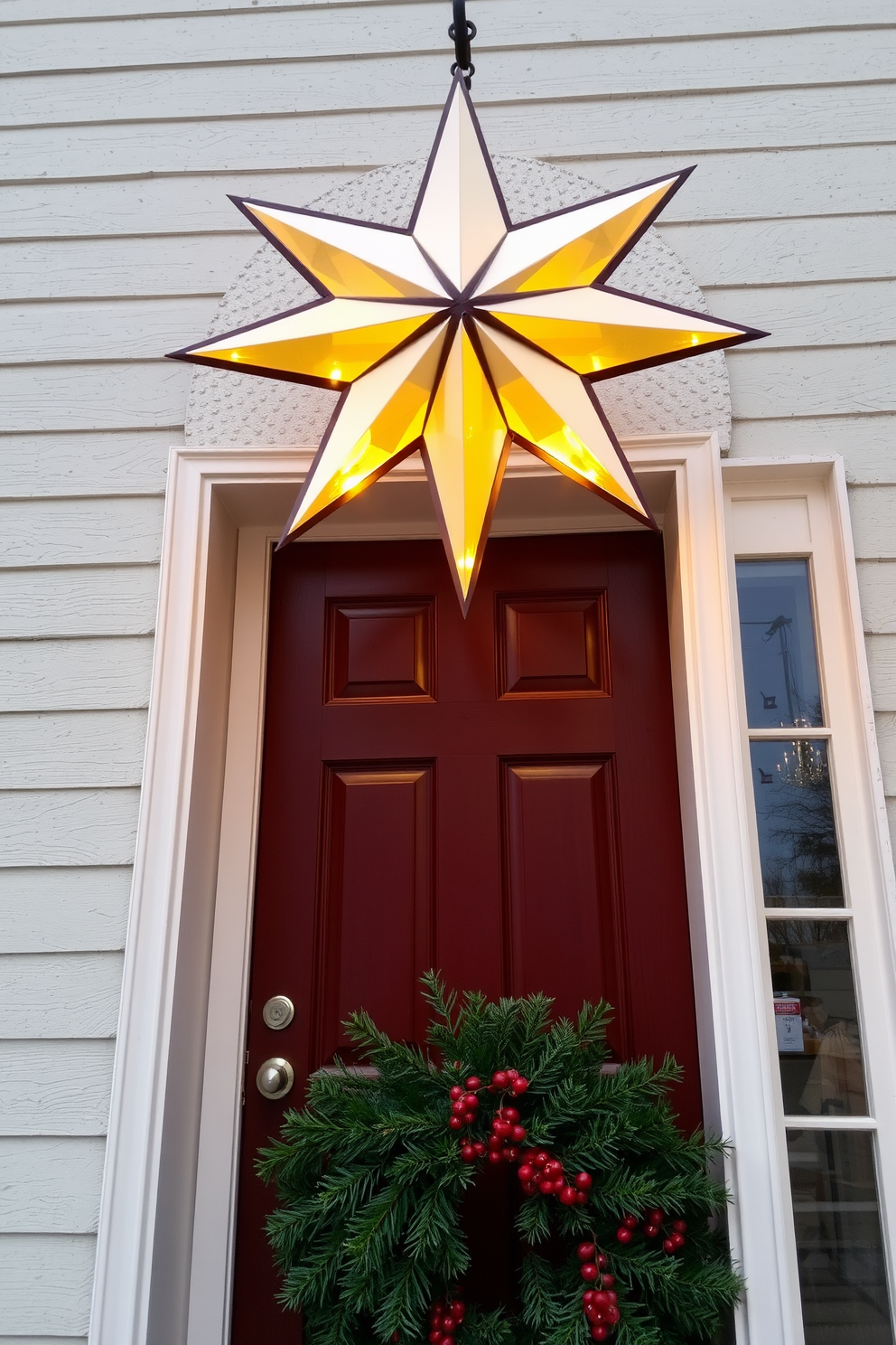 A large Christmas star hangs elegantly above the front door, casting a warm glow that welcomes guests. The door is adorned with a festive wreath made of evergreen branches and red berries, enhancing the holiday spirit.