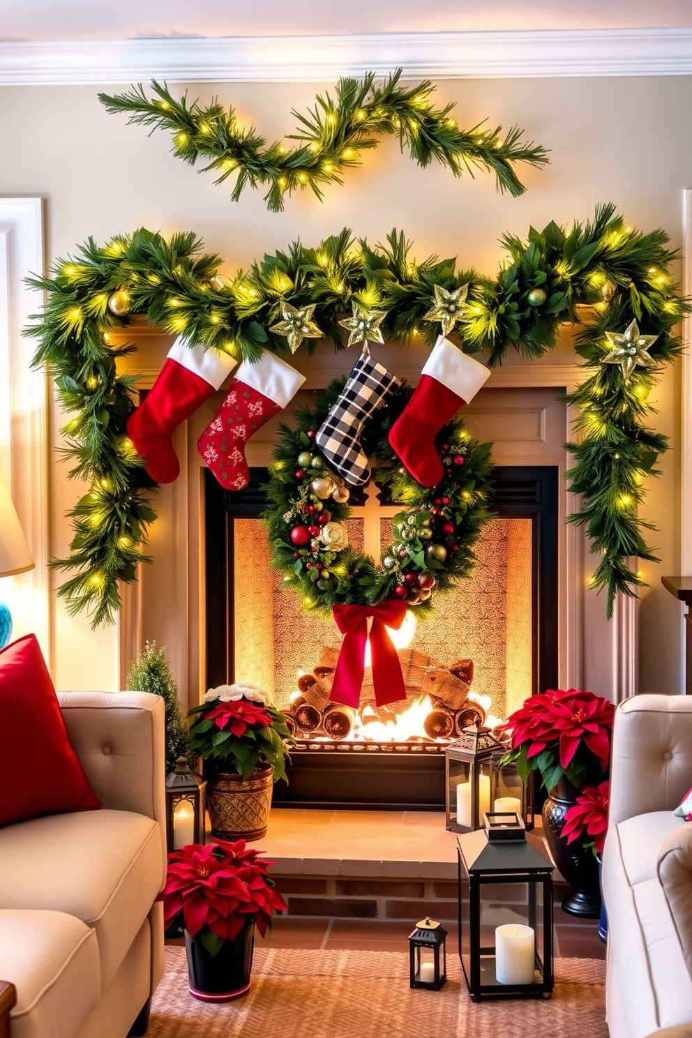 Hanging stockings for festive flair. A cozy living room with a fireplace adorned with lush green garlands and twinkling fairy lights, where colorful stockings are elegantly displayed. Front Door Christmas Decorating Ideas. A charming front porch featuring a beautifully decorated wreath on the door, surrounded by potted poinsettias and lanterns that cast a warm glow in the evening.