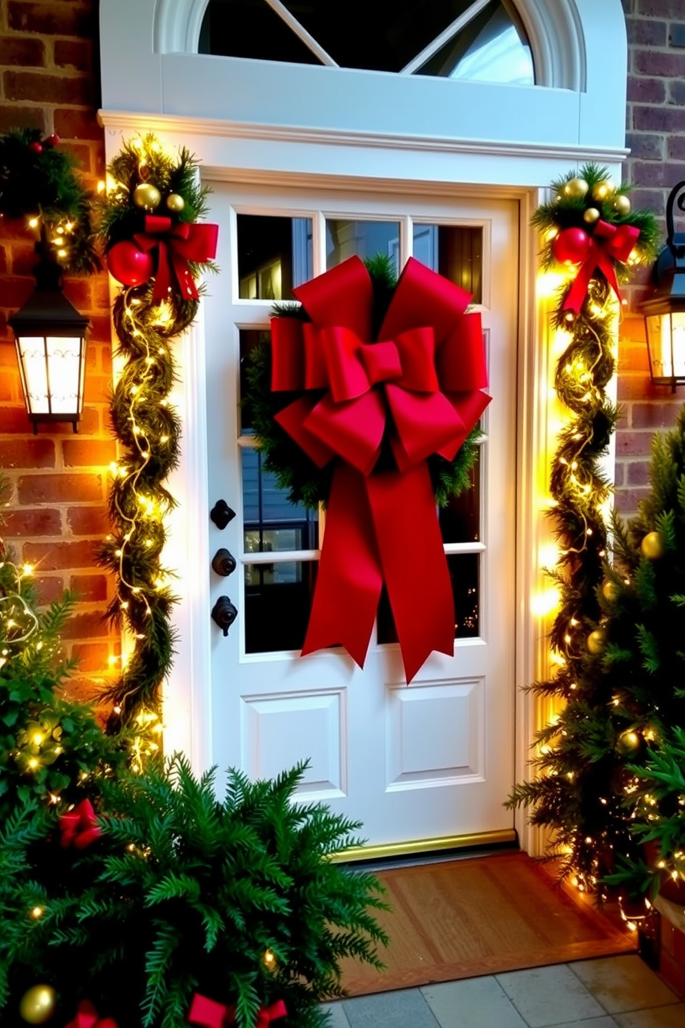 A giant red bow adorns the front door, creating a festive and welcoming atmosphere. Surrounding the door are twinkling fairy lights and lush greenery, enhancing the holiday spirit.