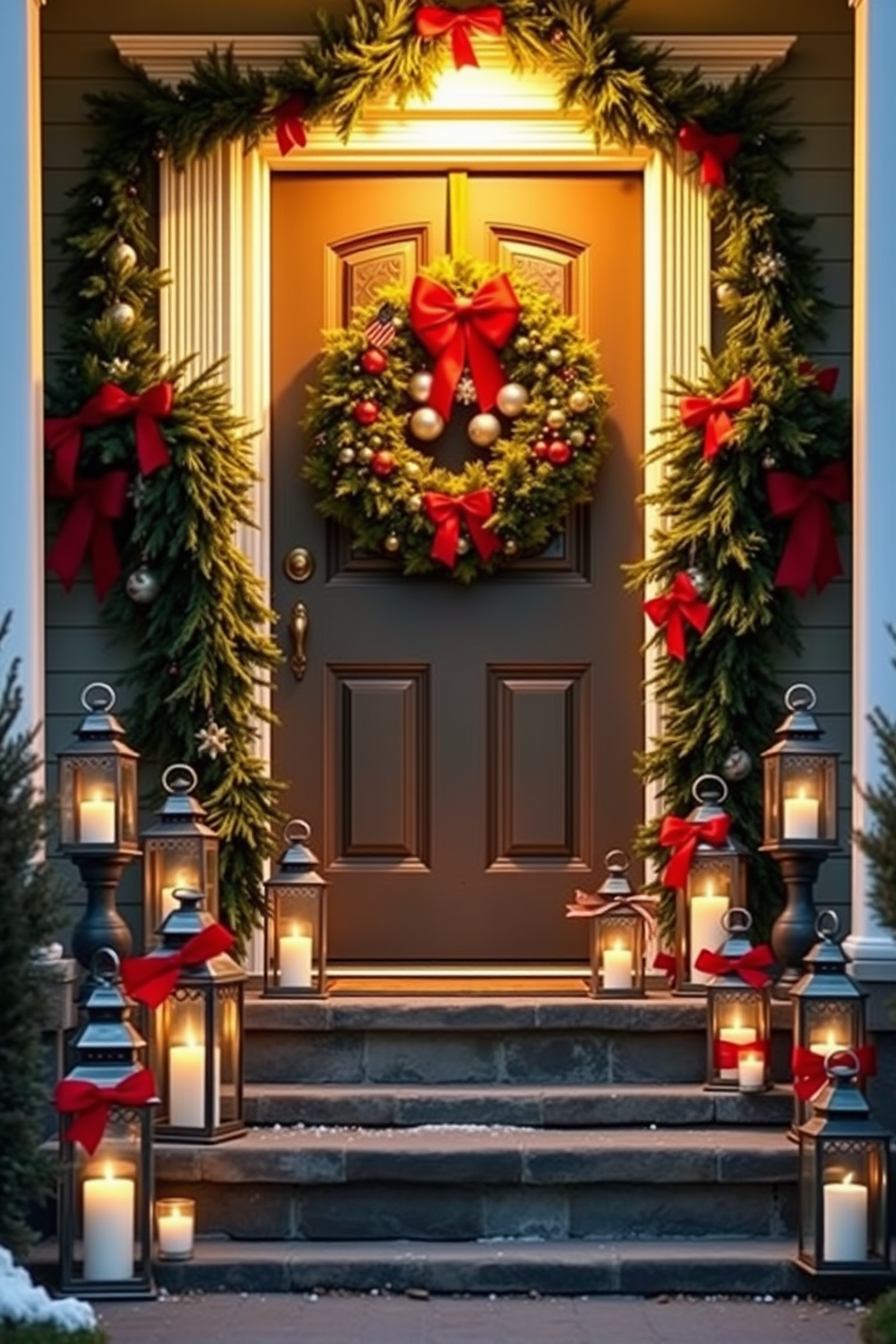 A charming front door adorned with festive Christmas decorations. Lanterns filled with glowing candles line the steps, casting a warm and inviting light. Evergreen garlands drape elegantly around the doorframe, accented with bright red bows. A cheerful wreath, adorned with ornaments, hangs prominently on the door, welcoming guests with holiday spirit.