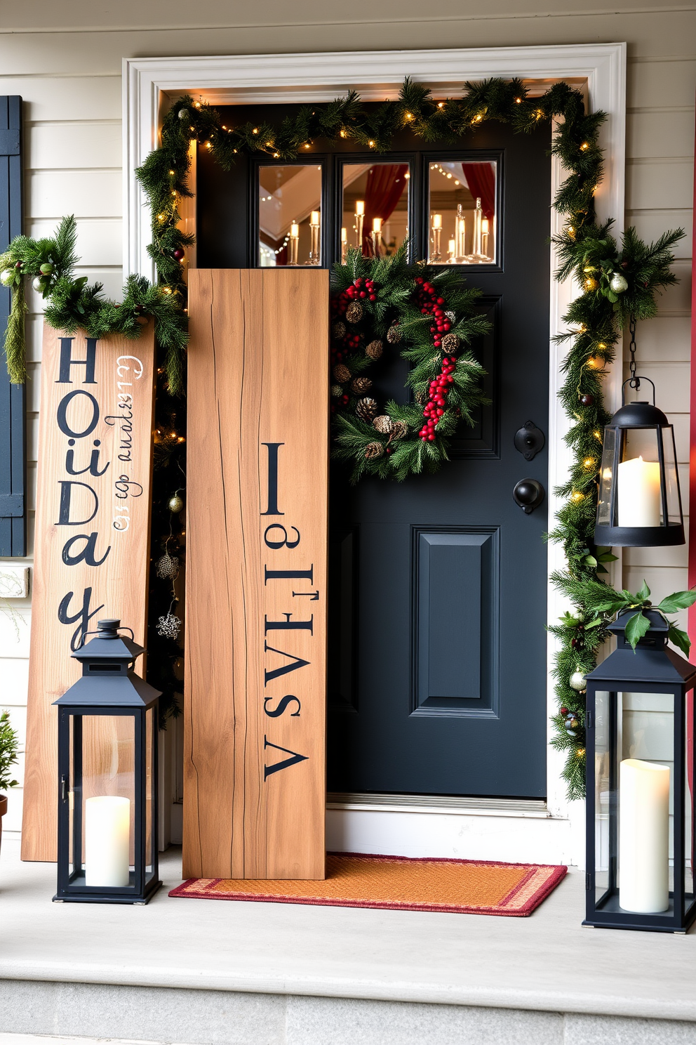 A rustic wooden sign with holiday greetings is positioned prominently on the front porch. The sign features hand-painted letters in a cheerful font, surrounded by evergreen garlands and twinkling fairy lights. The front door is adorned with a festive wreath made of pinecones and red berries. Flanking the door, two large lanterns filled with candles create a warm and inviting glow for guests.