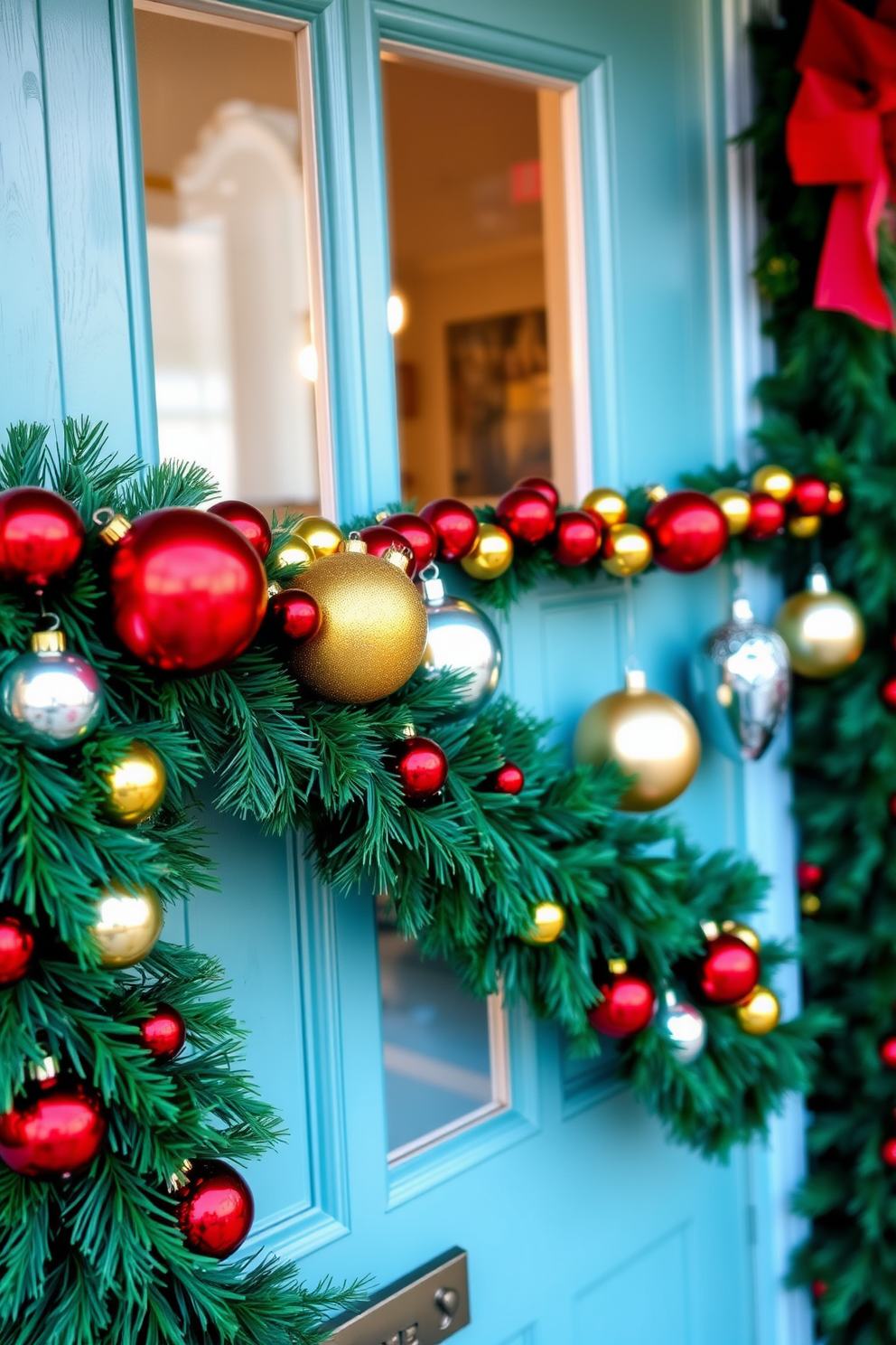 A charming front door adorned with colorful ornaments strung on a lush green garland. The vibrant decorations include red, gold, and silver baubles, creating a festive and welcoming atmosphere for guests.