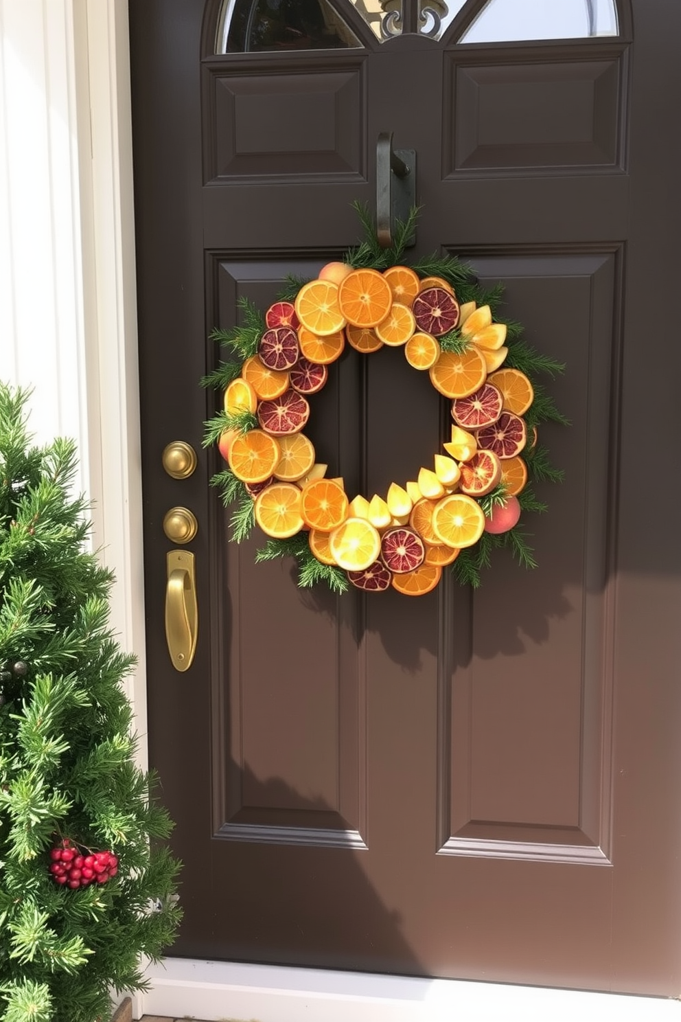 A charming front door adorned with a DIY wreath made from dried fruit slices. The wreath features vibrant oranges, lemons, and apples, beautifully arranged with sprigs of evergreen for a festive touch.