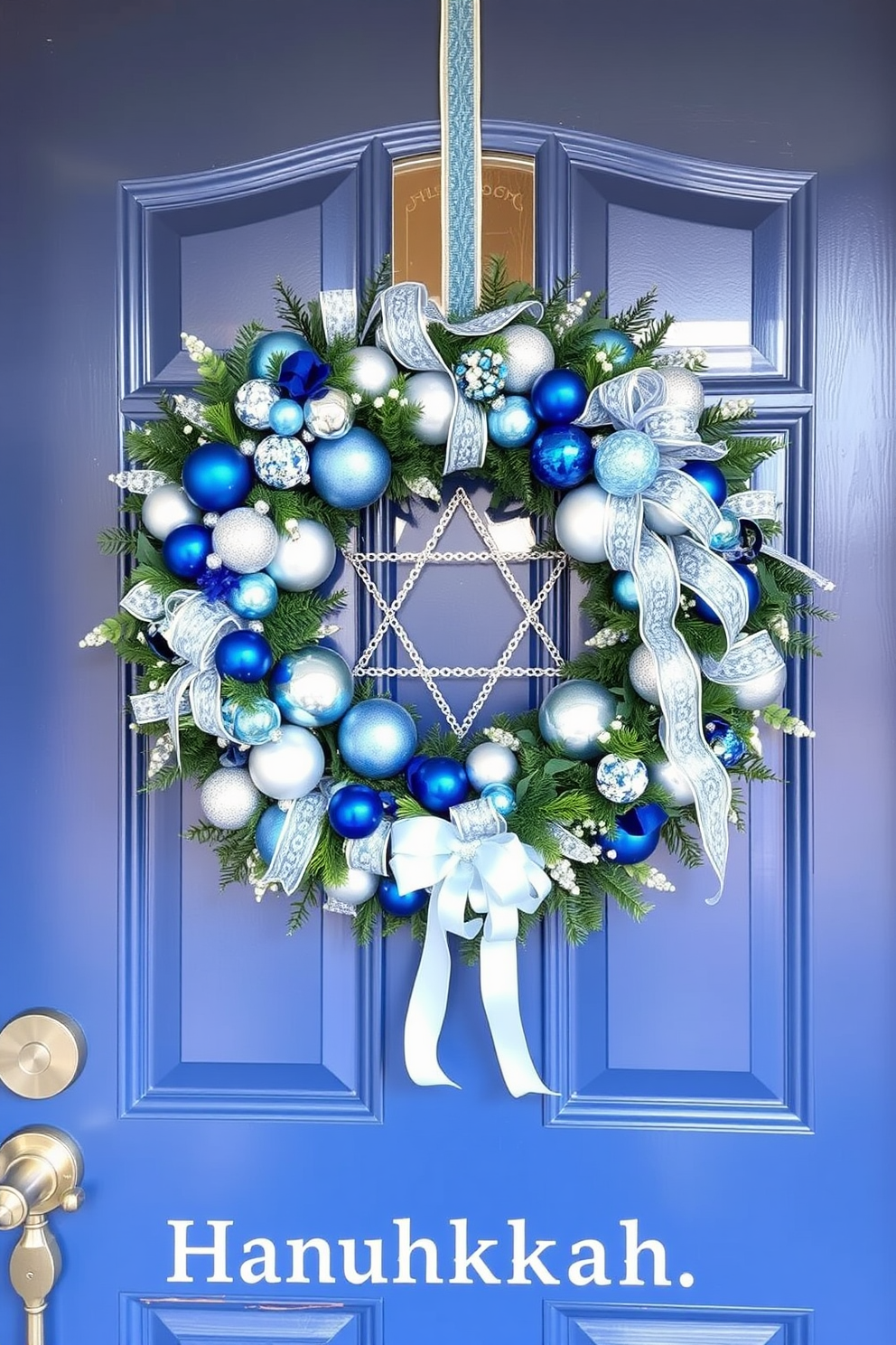 A festive wreath adorned with blue and silver accents hangs prominently on the front door. The wreath features a mix of shimmering ornaments and delicate ribbons, creating a joyful and welcoming entrance for the Hanukkah celebration.