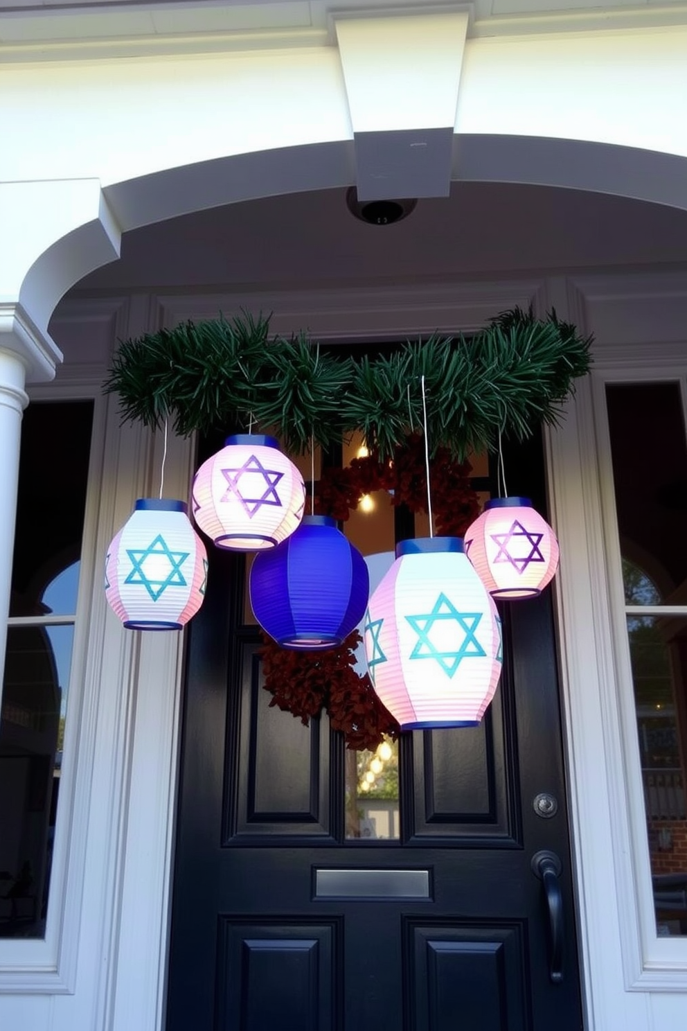 A welcoming front door adorned with hanging paper lanterns featuring vibrant Hanukkah symbols. The lanterns glow softly in the evening light, creating a festive atmosphere that invites guests to celebrate the holiday.