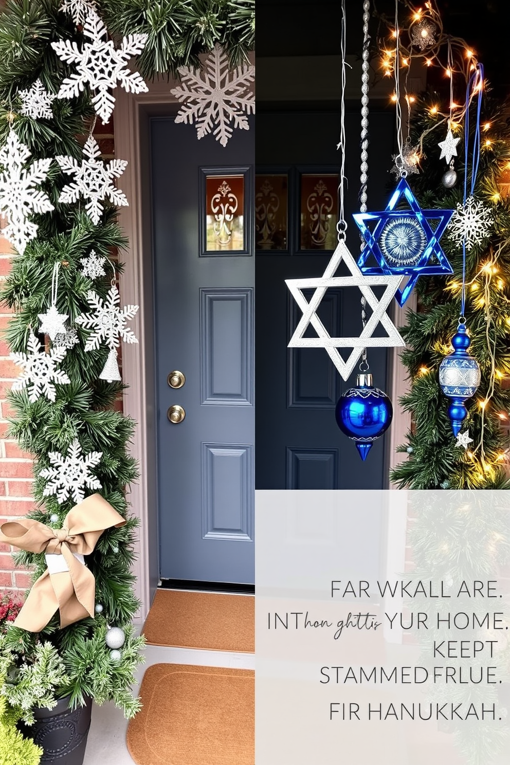 A cozy front door adorned with faux snowflakes and shimmering stars creates a festive winter atmosphere. The door is framed with evergreen garlands, and a warm welcome mat invites guests into your home. For Hanukkah, the front door features a beautiful blue and silver color scheme. Elegant star of David ornaments hang alongside twinkling lights, enhancing the holiday spirit.