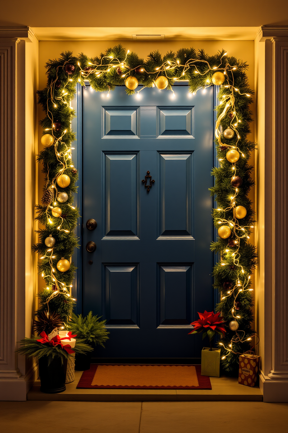 A decorative door frame adorned with twinkling lights creates a warm and inviting entrance. The front door is painted in a rich blue hue, complementing the festive ambiance of Hanukkah decorations.