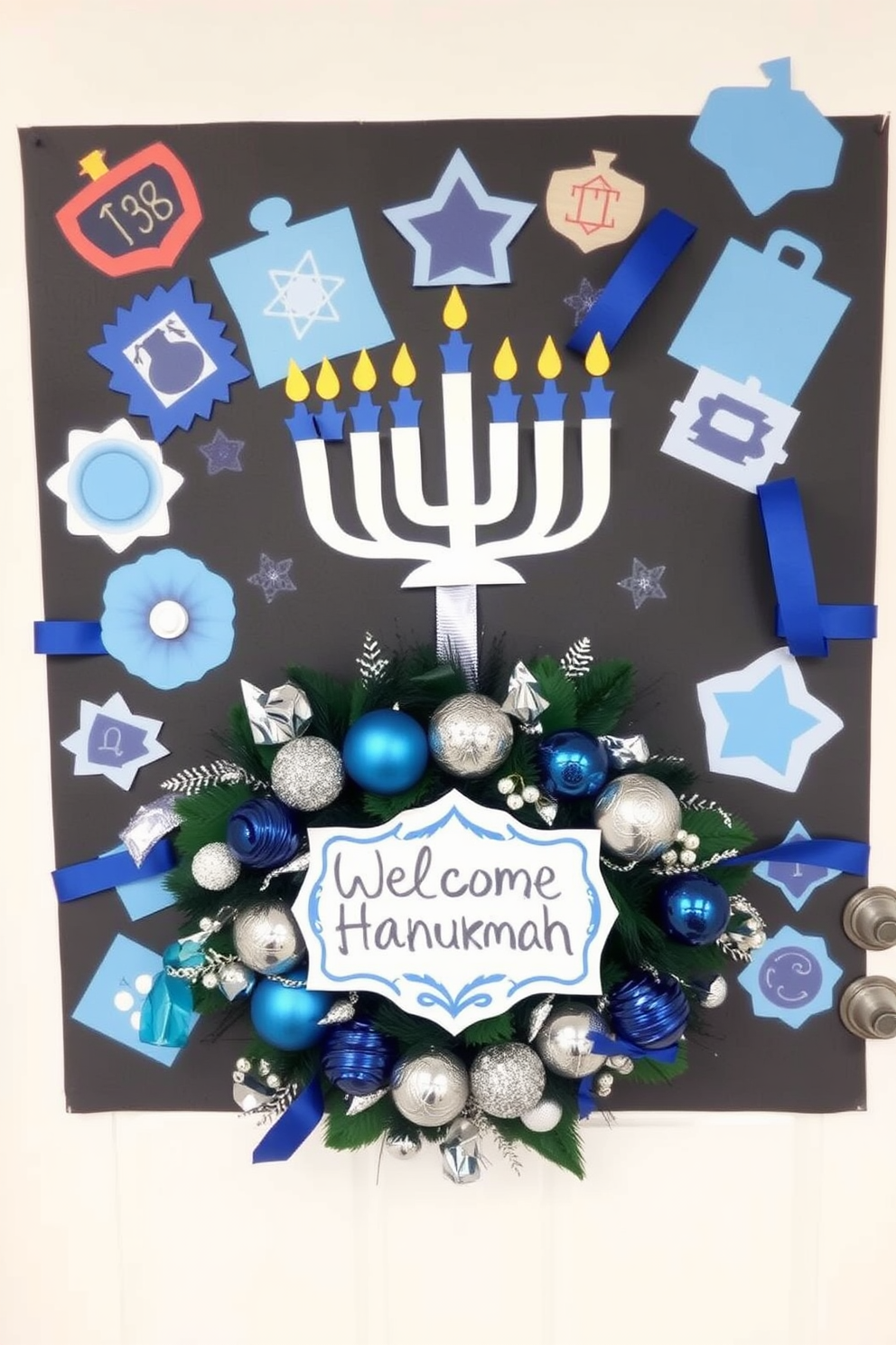 Create a festive Hanukkah door art display that incorporates colorful paper cutouts and traditional symbols like the menorah and dreidel. Use materials such as glitter, ribbons, and paint to enhance the creativity and engagement of the kids in the decorating process. Design a welcoming front door for Hanukkah that features a large wreath adorned with blue and silver ornaments. Add a cheerful welcome sign that reflects the spirit of the holiday, inviting friends and family to celebrate together.