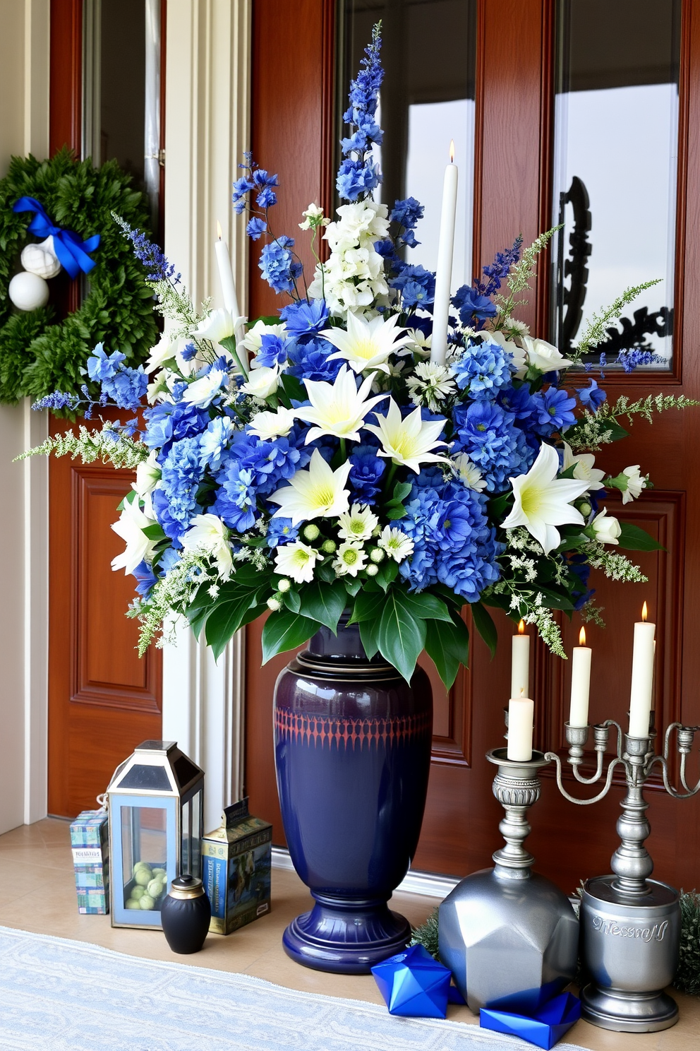 A traditional blue and white floral arrangement is elegantly displayed in a large ceramic vase at the front door. Surrounding the vase are festive Hanukkah decorations, including blue and silver accents that complement the floral design.