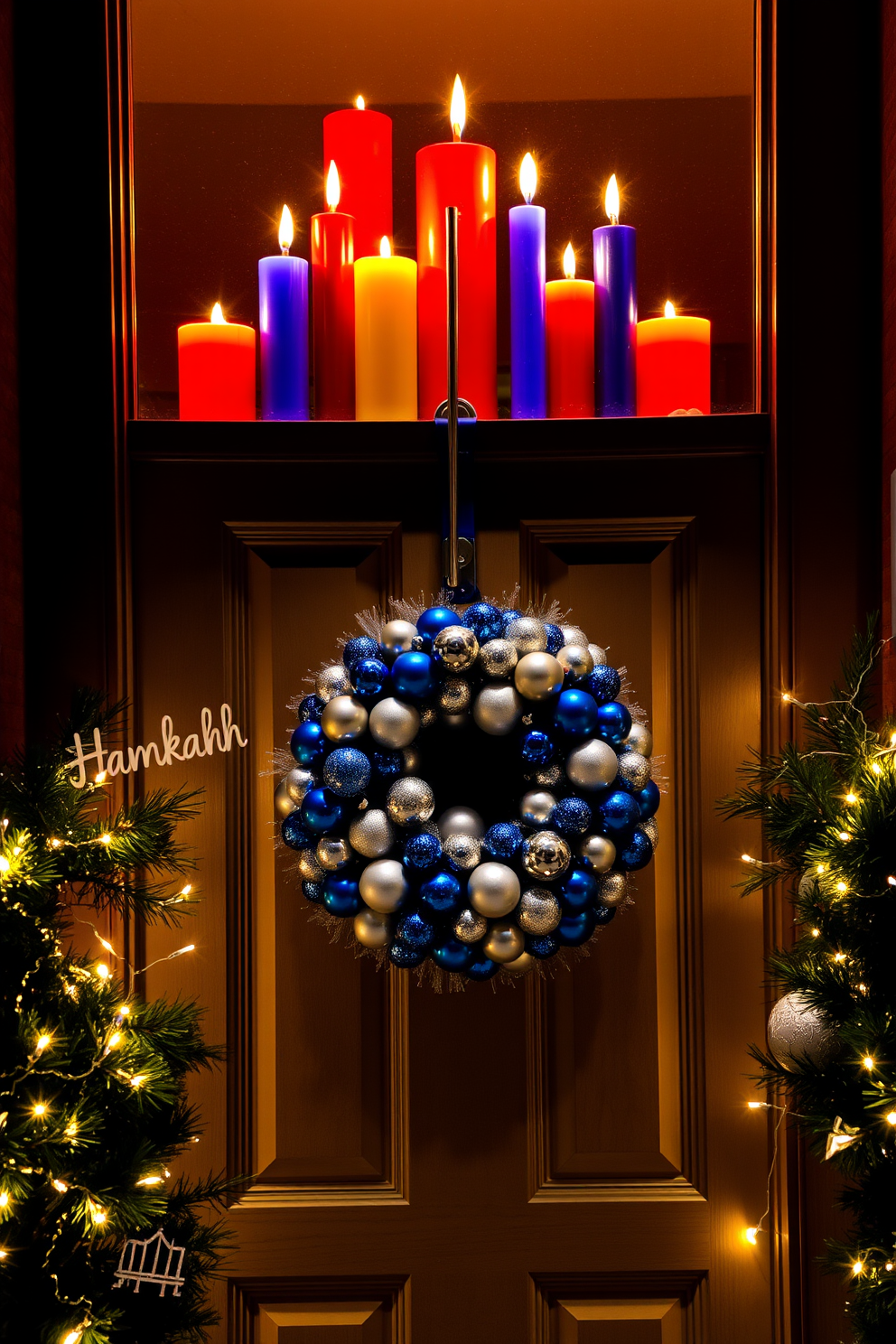 Brightly colored candles are arranged in an elegant window display, casting a warm glow that invites passersby to take a closer look. The vibrant hues of red, blue, and gold create a festive atmosphere, enhancing the charm of the front door adorned with seasonal decorations. For Hanukkah, the front door features a beautiful wreath made of blue and silver ornaments, symbolizing the joyous celebration. Surrounding the entrance, twinkling lights and menorah motifs add a touch of holiday spirit, welcoming guests with a sense of warmth and festivity.