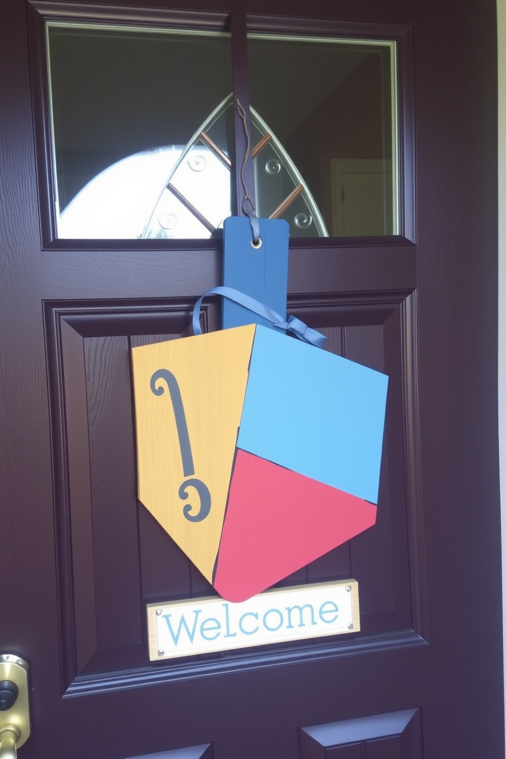 A beautifully crafted wooden dreidel serves as a charming door accent, adding a festive touch to your front entrance. The dreidel is painted in vibrant colors, symbolizing the spirit of Hanukkah and welcoming guests with its playful design.