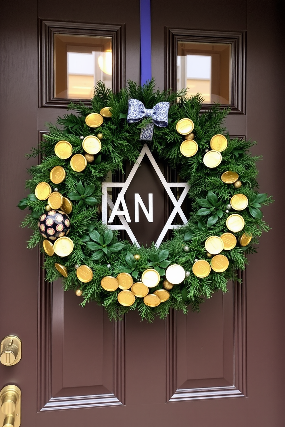 A festive holiday wreath adorned with gelt accents hangs on the front door. The wreath is lush with greenery and features shimmering gold coins that catch the light, creating a warm and inviting entryway for Hanukkah celebrations.