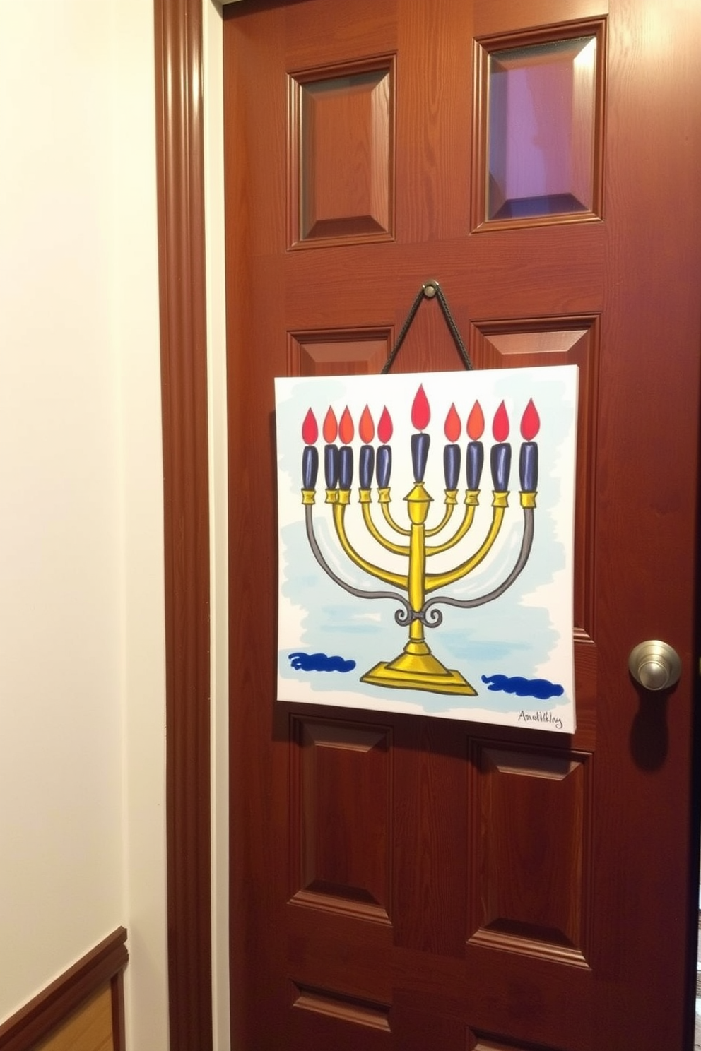 A beautiful front door adorned with a hand-painted menorah on a canvas. The vibrant colors of the menorah contrast elegantly with the natural wood of the door, creating a warm and inviting entrance for Hanukkah celebrations.