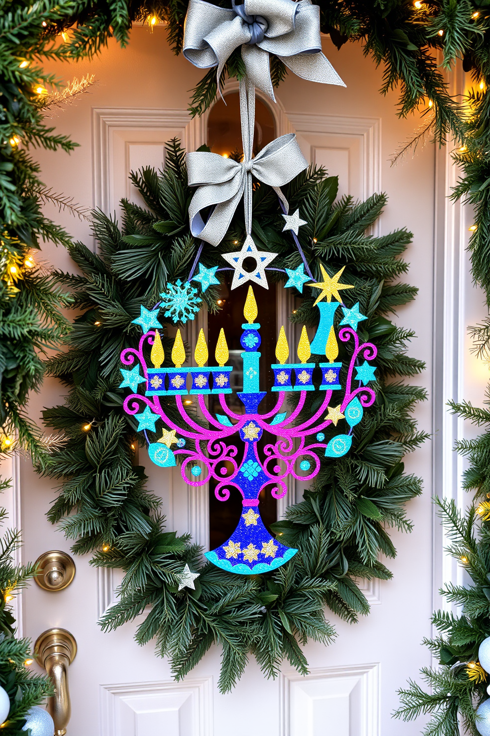 A beautifully crafted menorah-themed door hanger hangs gracefully on a festive front door. The hanger features intricate designs of menorahs in vibrant colors, adorned with shimmering stars and dreidels, creating a warm and inviting atmosphere for Hanukkah celebrations. The door is framed with fresh greenery and twinkling lights, enhancing the holiday spirit. Soft blue and silver accents complement the door hanger, adding a touch of elegance to the overall Hanukkah decorating theme.