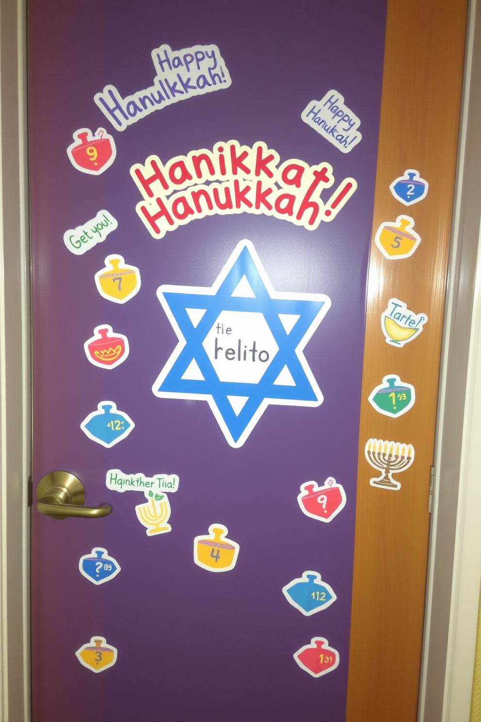 Festive door stickers adorned with vibrant colors and playful designs featuring Hanukkah greetings. The front door is decorated with a large Star of David sticker, surrounded by smaller stickers of dreidels and menorahs, creating a warm and inviting atmosphere for the holiday season.