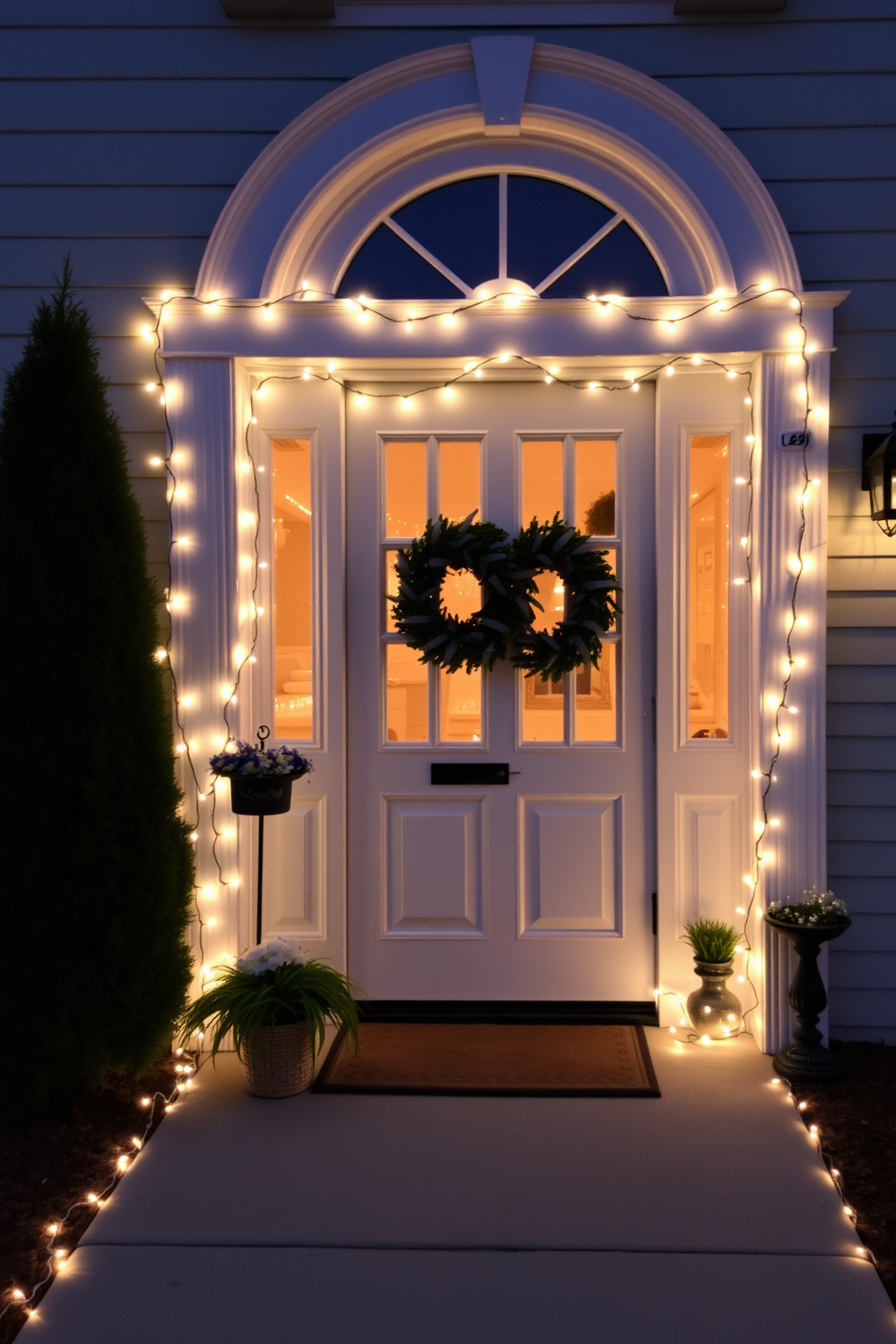 Charming fairy lights outline the front door creating a warm and inviting atmosphere. The soft glow of the lights enhances the festive spirit of Hanukkah, complementing traditional decorations.