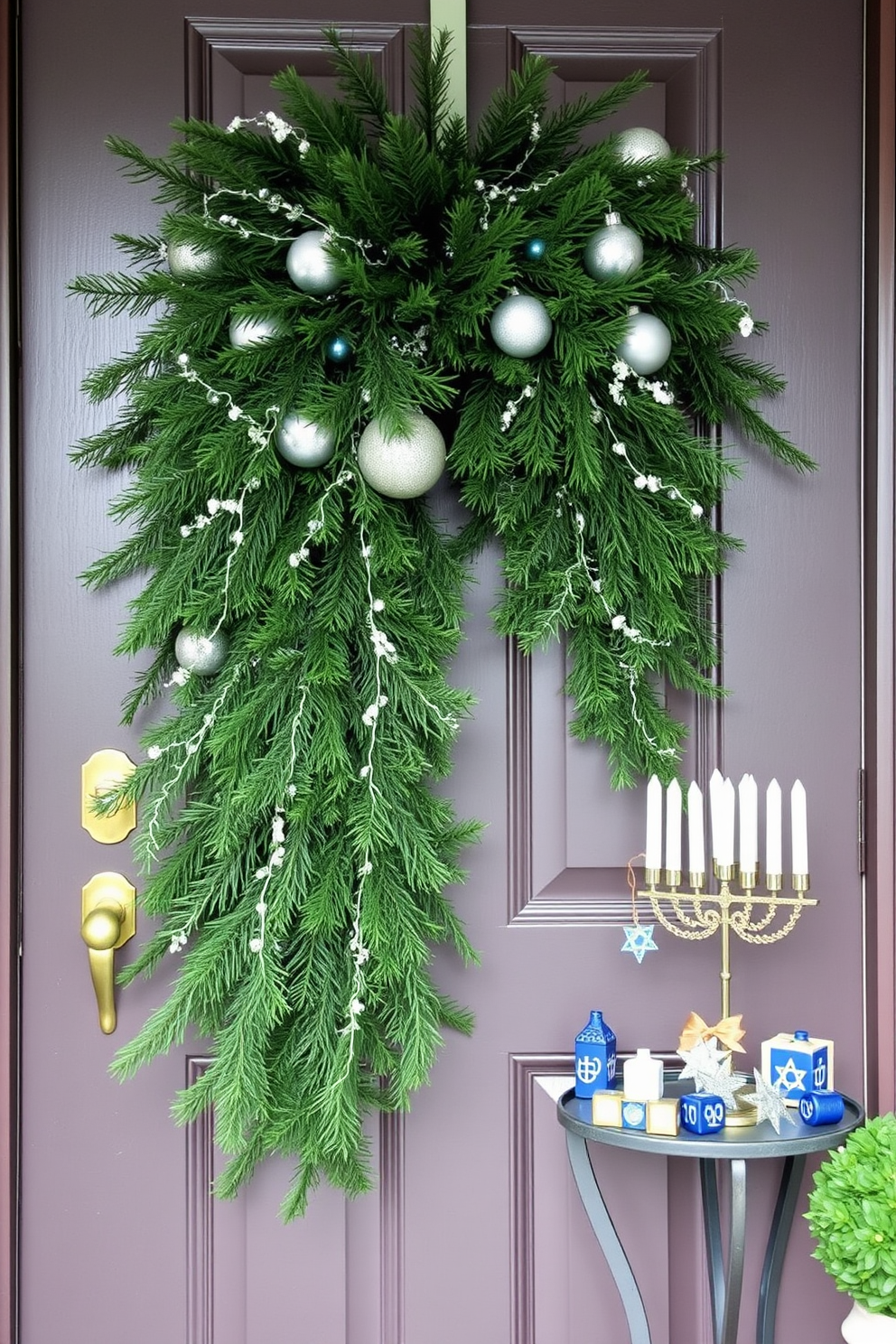 A seasonal door swag adorned with lush evergreen branches is elegantly draped over the front door. The rich green foliage is complemented by delicate white lights and silver ornaments, creating a festive and inviting atmosphere. For Hanukkah decorating ideas, consider incorporating blue and white accents throughout the entryway. A menorah can be placed on a small table beside the door, surrounded by decorative dreidels and shimmering star of David ornaments.