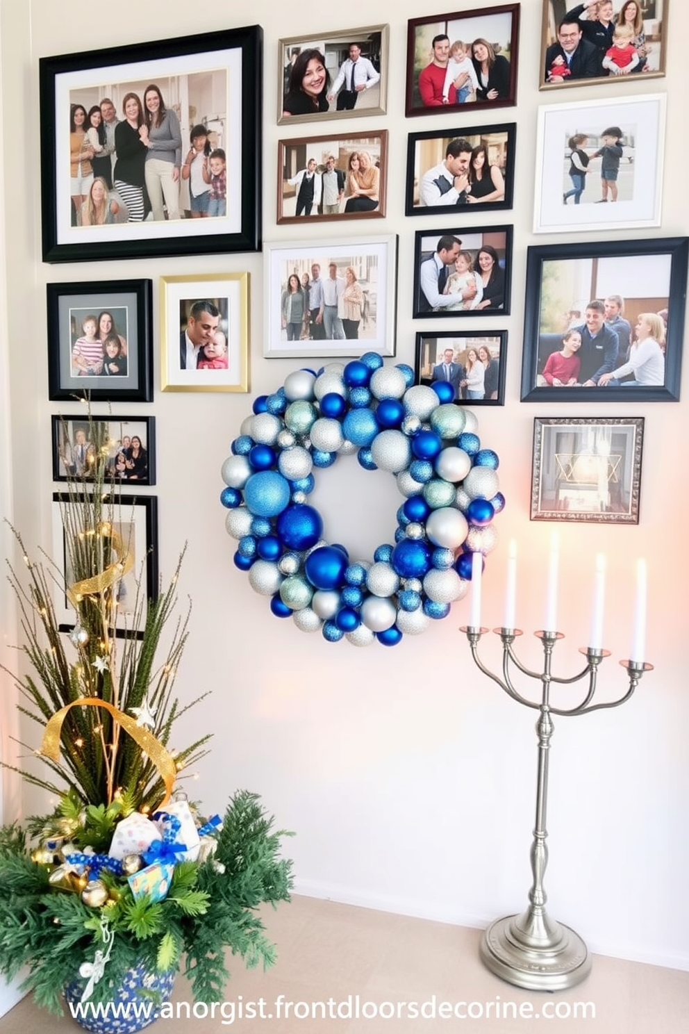 A personalized photo collage showcasing family celebrations. The collage features framed pictures of various events, including birthdays, holidays, and family gatherings, arranged in a visually appealing manner on a gallery wall. Creative front door Hanukkah decorating ideas. The entrance is adorned with a beautiful wreath made of blue and silver ornaments, alongside decorative lights and a menorah displayed prominently to welcome guests.