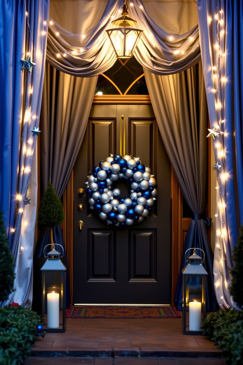 Elegant fabric drapes in rich blue and silver hues frame the entrance, creating a warm and inviting atmosphere. Festive accents such as star-shaped ornaments and twinkling lights adorn the front door, celebrating the spirit of Hanukkah. A beautifully arranged wreath made of blue and silver ornaments hangs prominently on the door. Lanterns with flickering candles line the pathway, guiding guests to the entrance with a glow that reflects the joy of the holiday season.