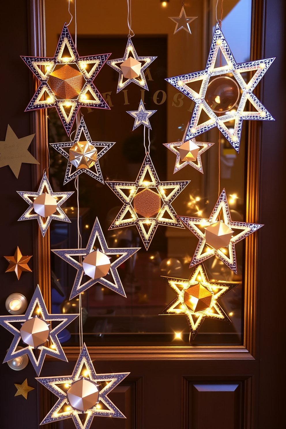 A festive front door adorned with metallic star decorations in various sizes and finishes. The stars shimmer beautifully in the light, creating a warm and inviting atmosphere for the Hanukkah celebration.