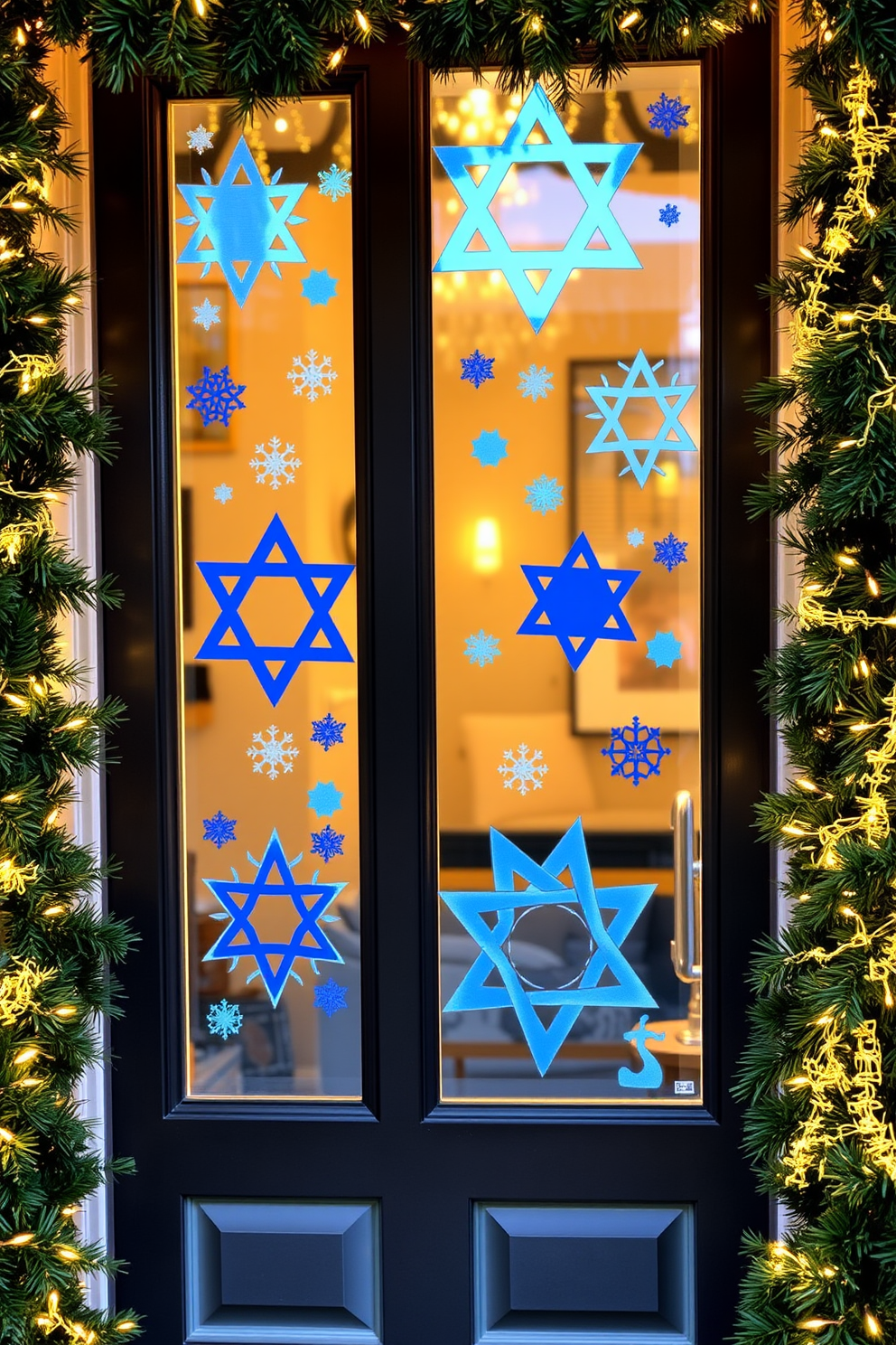 A festive front door adorned with creative holiday window clings showcasing vibrant blue and silver designs. The door is framed with garlands of greenery and twinkling lights, creating a warm and inviting entrance for Hanukkah celebrations.