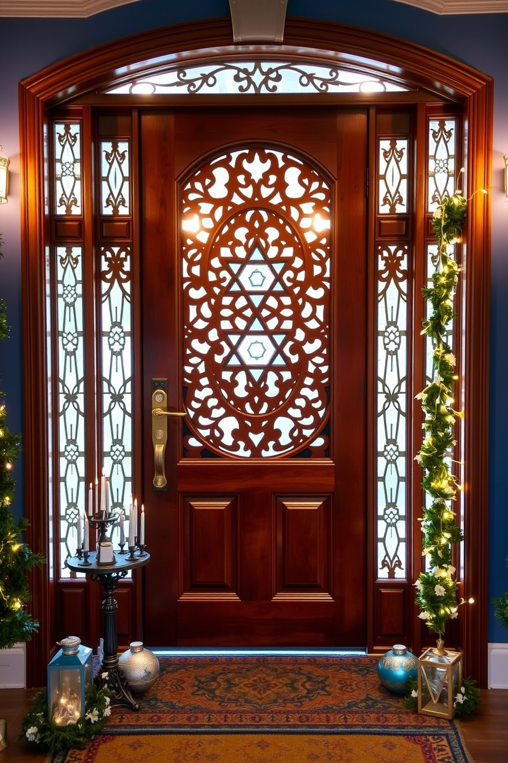 A front door adorned with intricate cut-out designs that allow light to filter through beautifully. The door features a rich mahogany finish, framed by elegant sidelights that enhance its grandeur. For Hanukkah decorating ideas, consider a vibrant blue and silver color scheme that reflects the holiday's spirit. Incorporate decorative menorahs, star of David ornaments, and strings of lights to create a warm and inviting atmosphere.