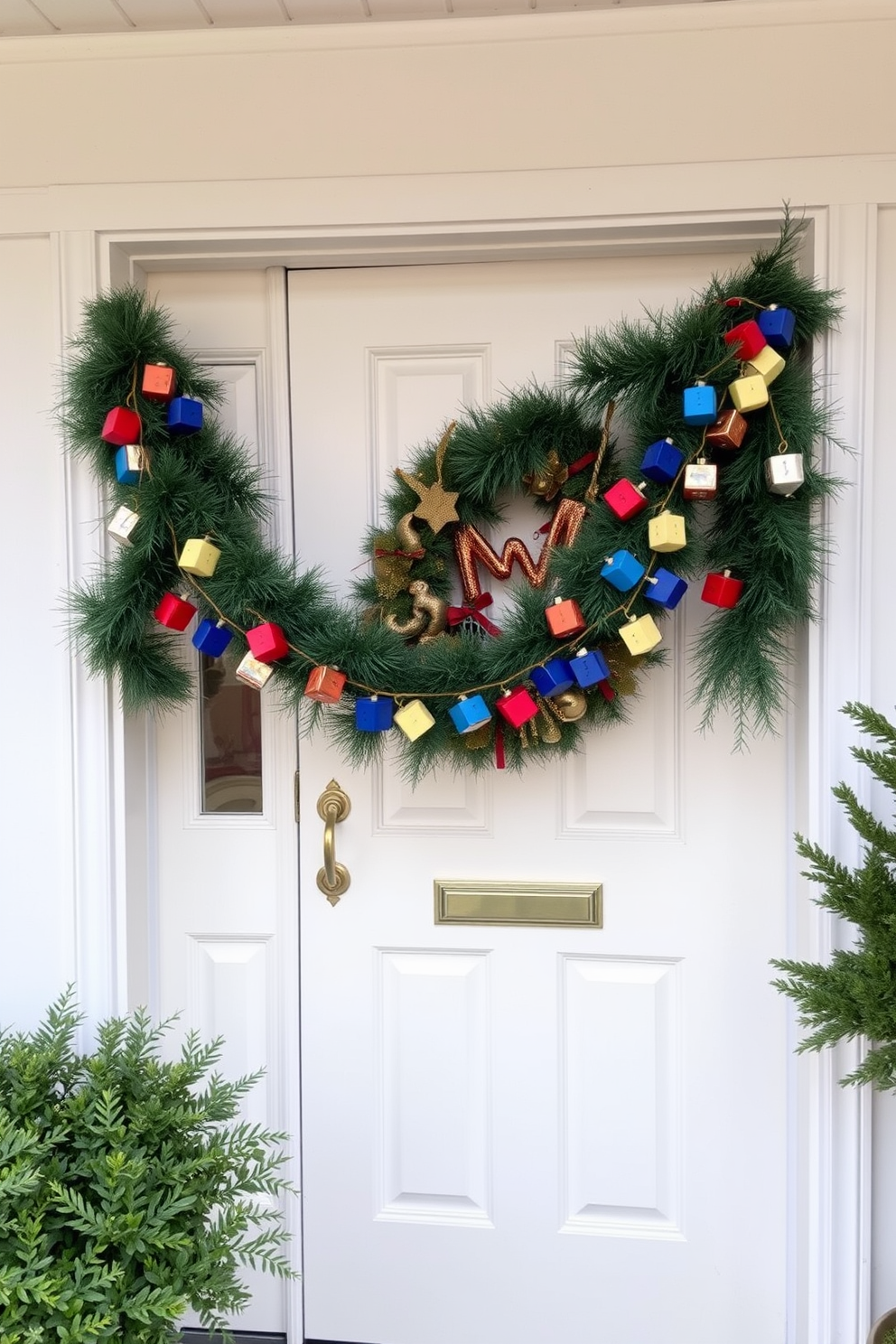 A festive front door adorned with a dreidel garland that gracefully drapes across the entrance. The garland features colorful dreidels in vibrant shades of blue, red, and gold, creating a cheerful and welcoming atmosphere for Hanukkah celebrations.