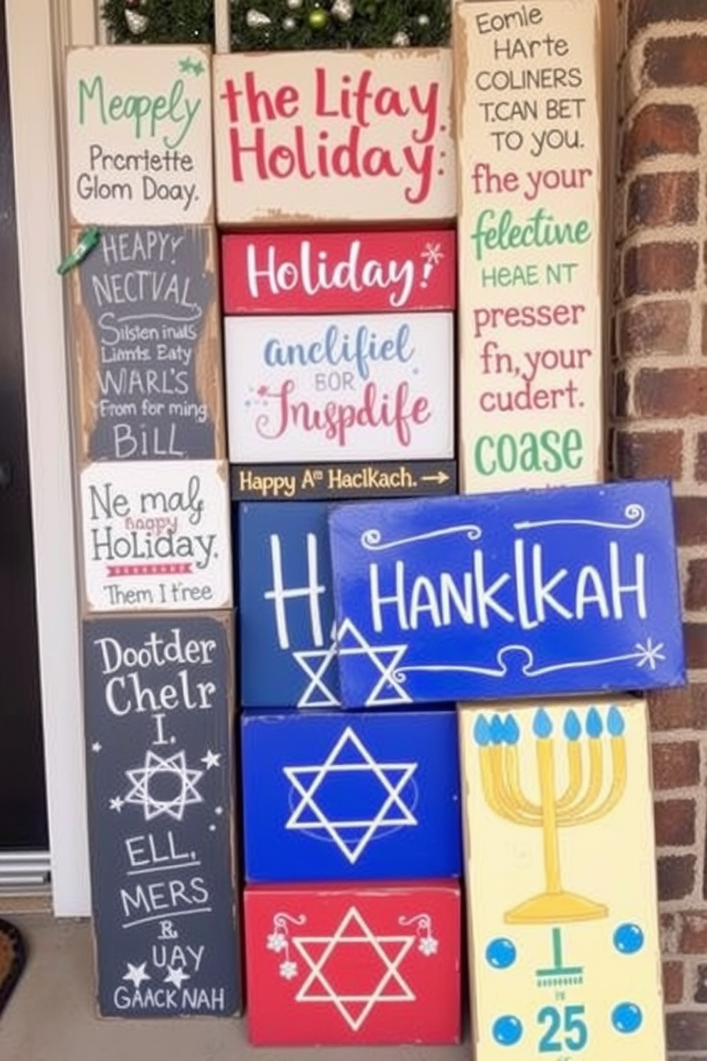 Whimsical holiday signs adorned with playful sayings create a festive atmosphere at the entrance. Colorful designs featuring cheerful fonts and playful illustrations invite guests to celebrate the season. For Hanukkah decorating ideas, consider incorporating blue and silver tones throughout the front door decor. Add elements like Star of David motifs and menorah images to enhance the holiday spirit.