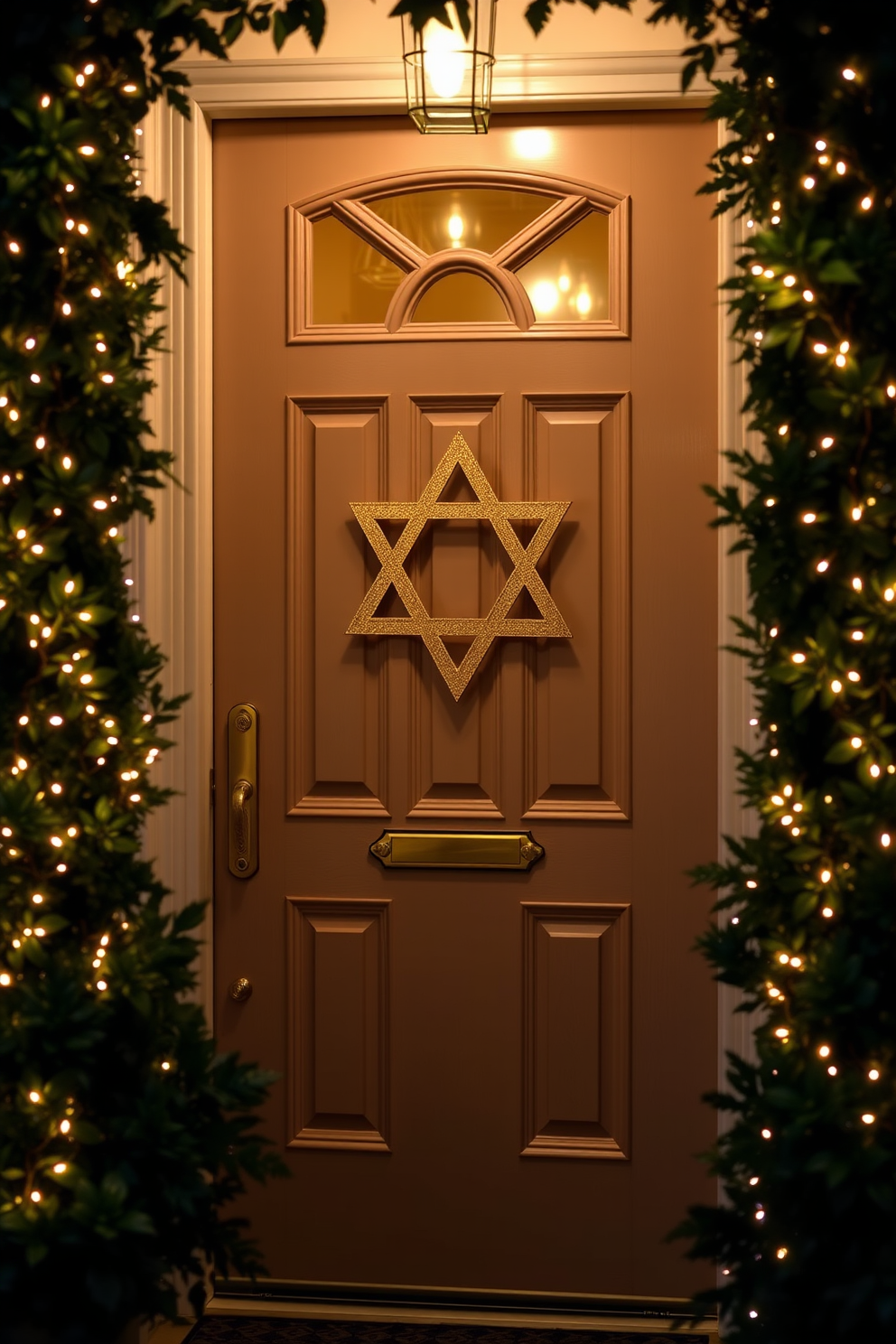 A stunning front door adorned with a gold Star of David decoration creates a warm and inviting atmosphere for Hanukkah. The door is framed by elegant greenery and twinkling fairy lights, enhancing the festive ambiance.