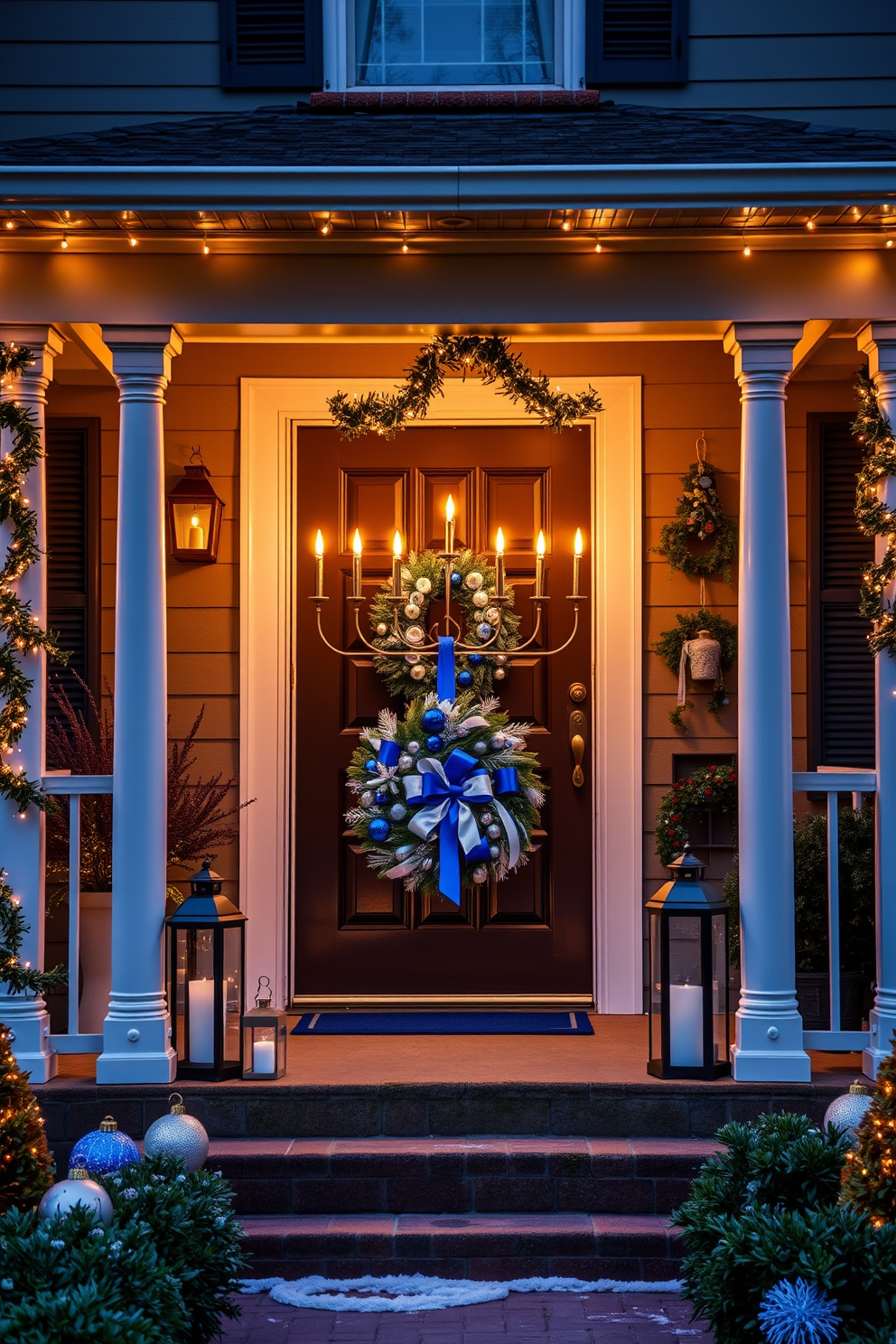 A beautifully arranged light-up menorah display is positioned on the porch, casting a warm glow against the evening sky. The porch is adorned with festive decorations, including garlands and twinkling lights that enhance the celebratory atmosphere. The front door is elegantly decorated with a wreath featuring blue and silver accents, symbolizing the colors of Hanukkah. Additional ornaments and lanterns flank the entrance, creating a welcoming and joyous ambiance for the holiday season.